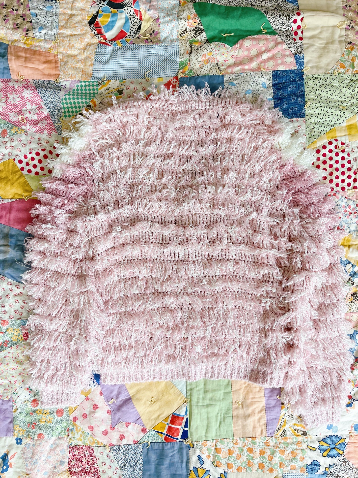 1990s Pink and White Shaggy Shaggy Cardigan