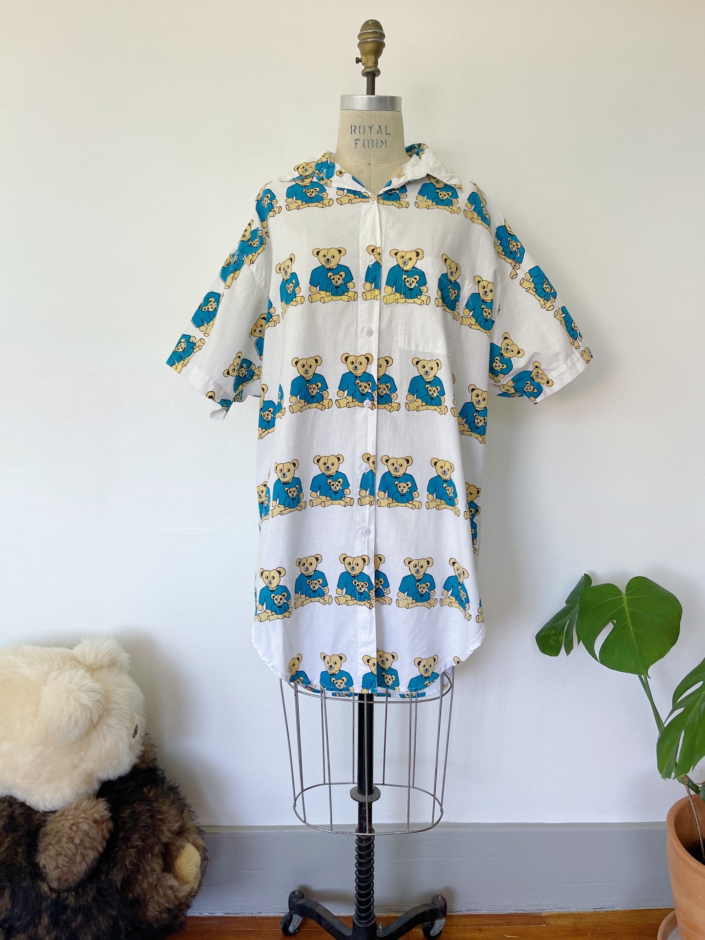 Vintage Bear Printed Unique Long Shirt (Blue)