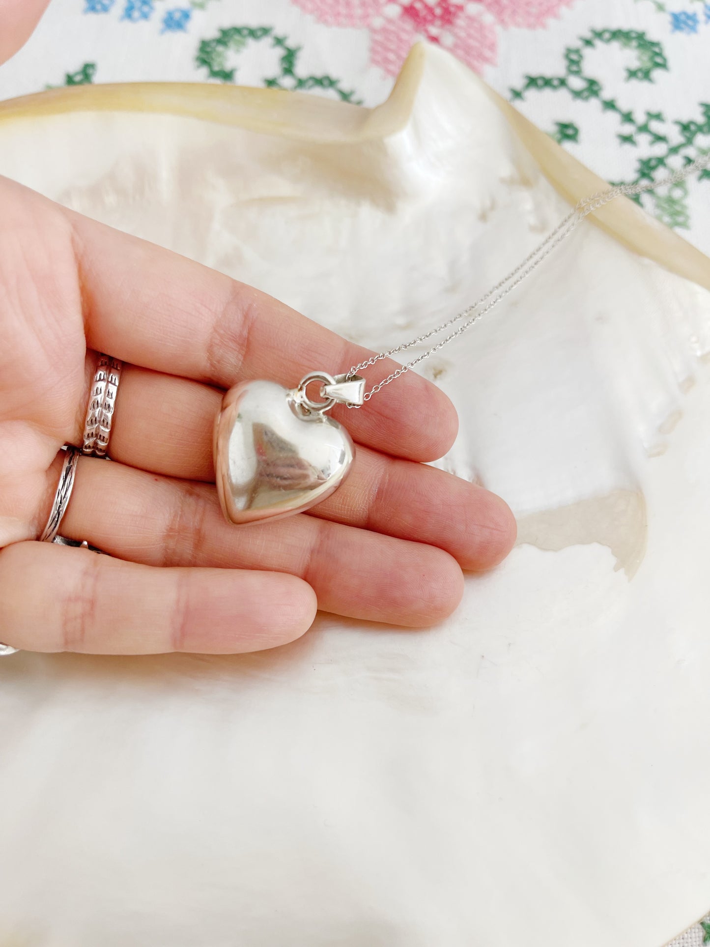 Vintage Puffy Heart Silver Necklace.