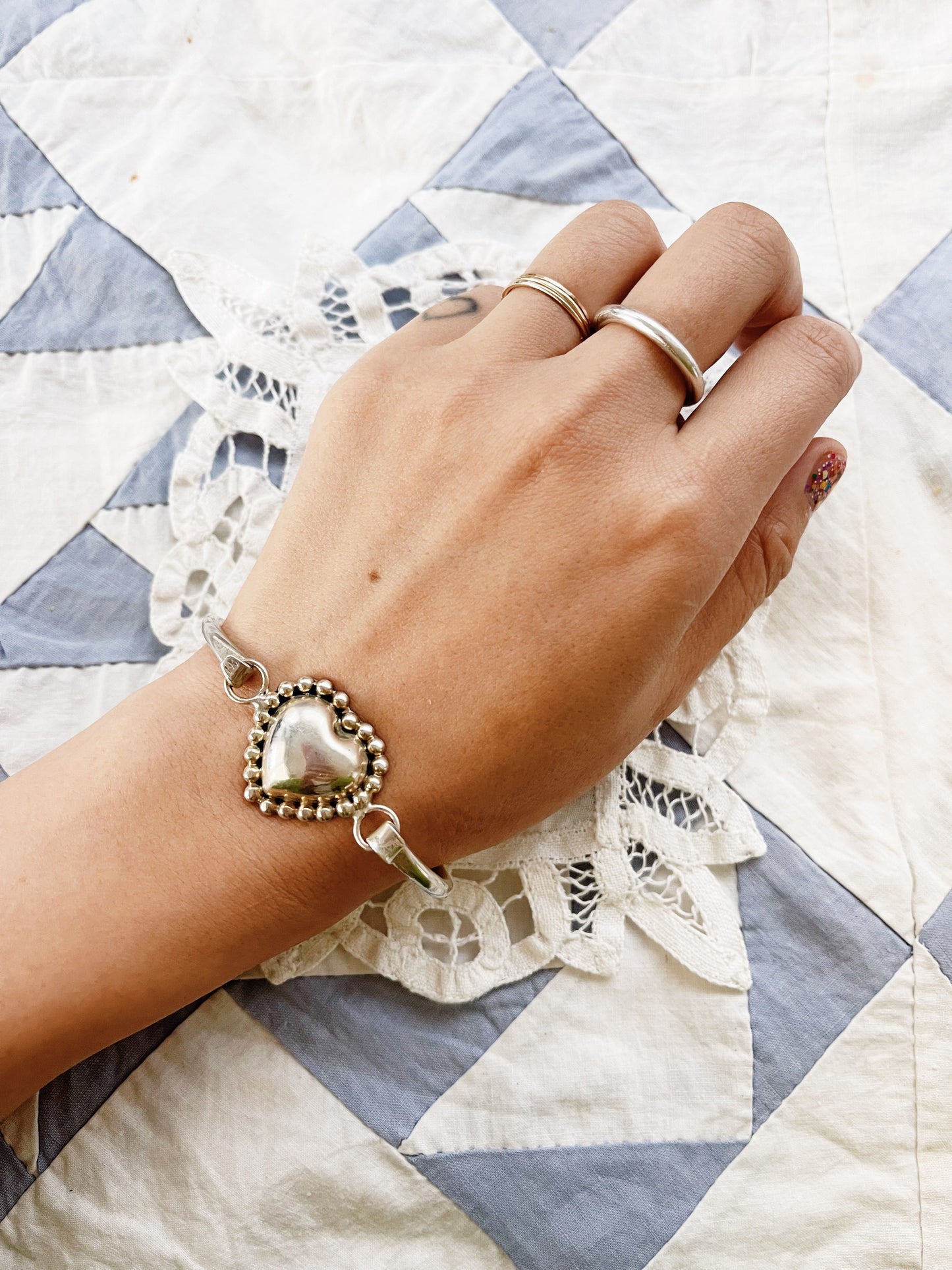 Vintage Mexican Silver Heart Cuff Bangle