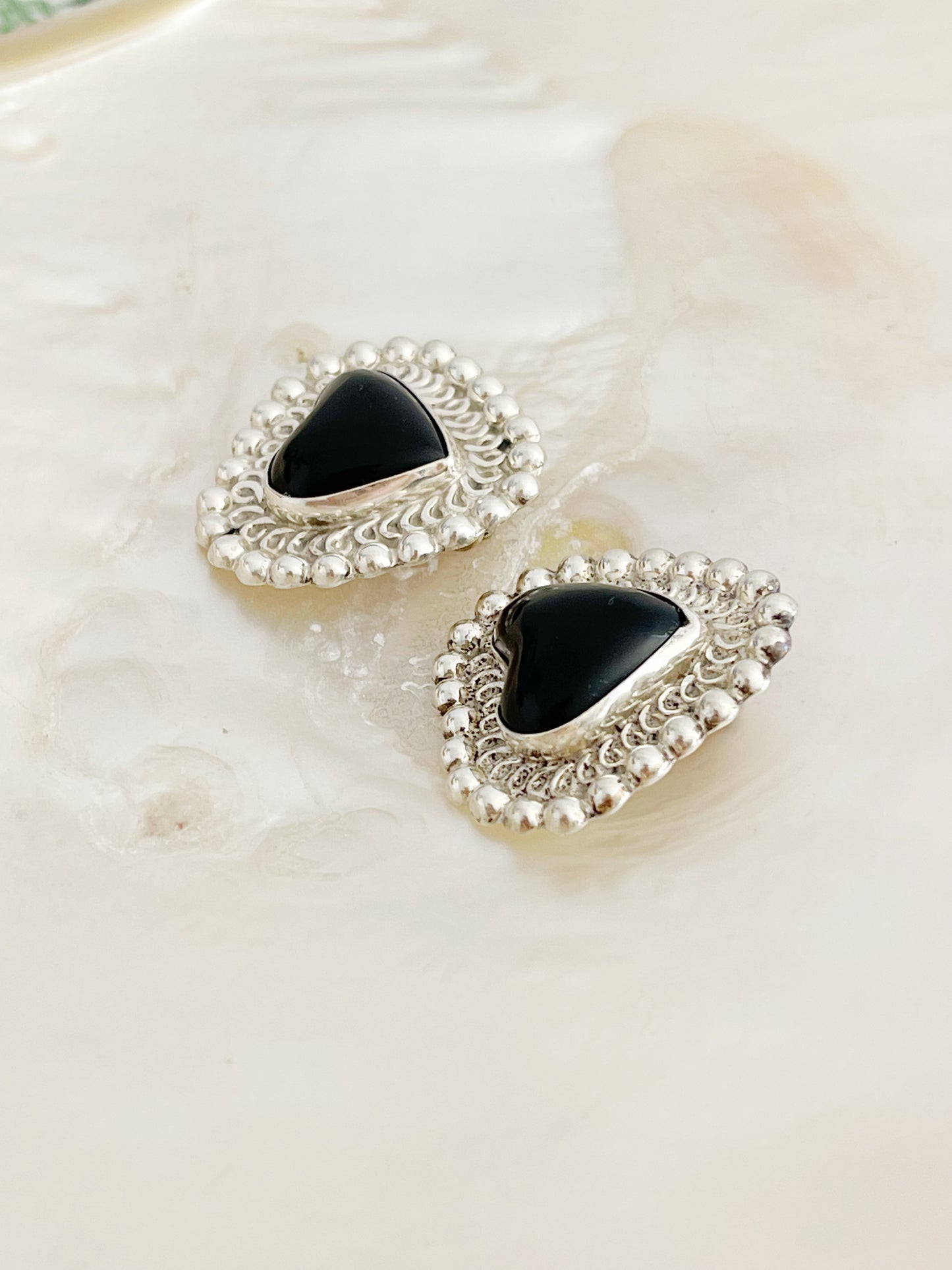 Vintage Onyx Heart Earrings.