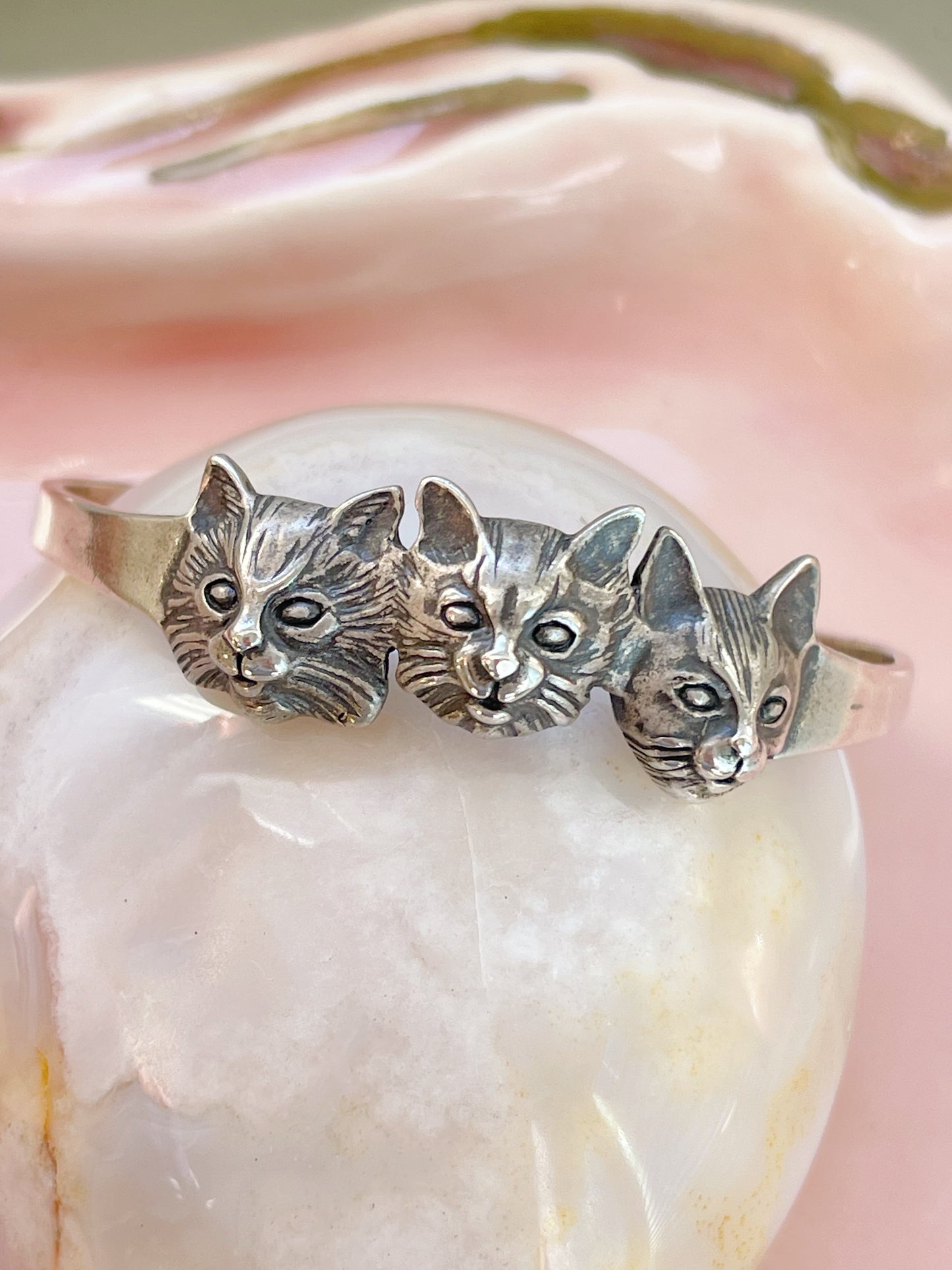 Vintage Cats Sterling Silver Bangle Cuff