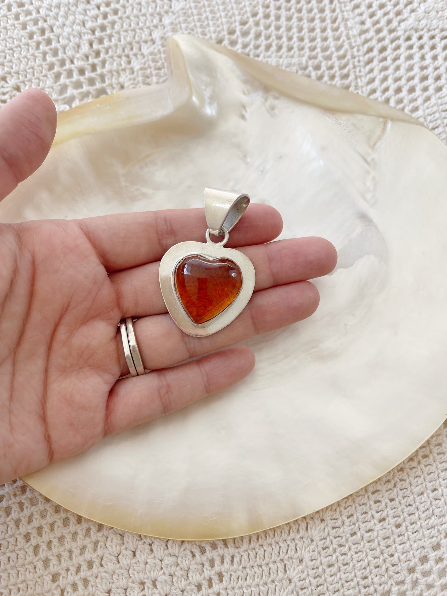 Vintage Amber Heart Silver Pendant Top.