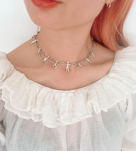 Super Rare! Vintage People Linked Silver Choker Necklace.