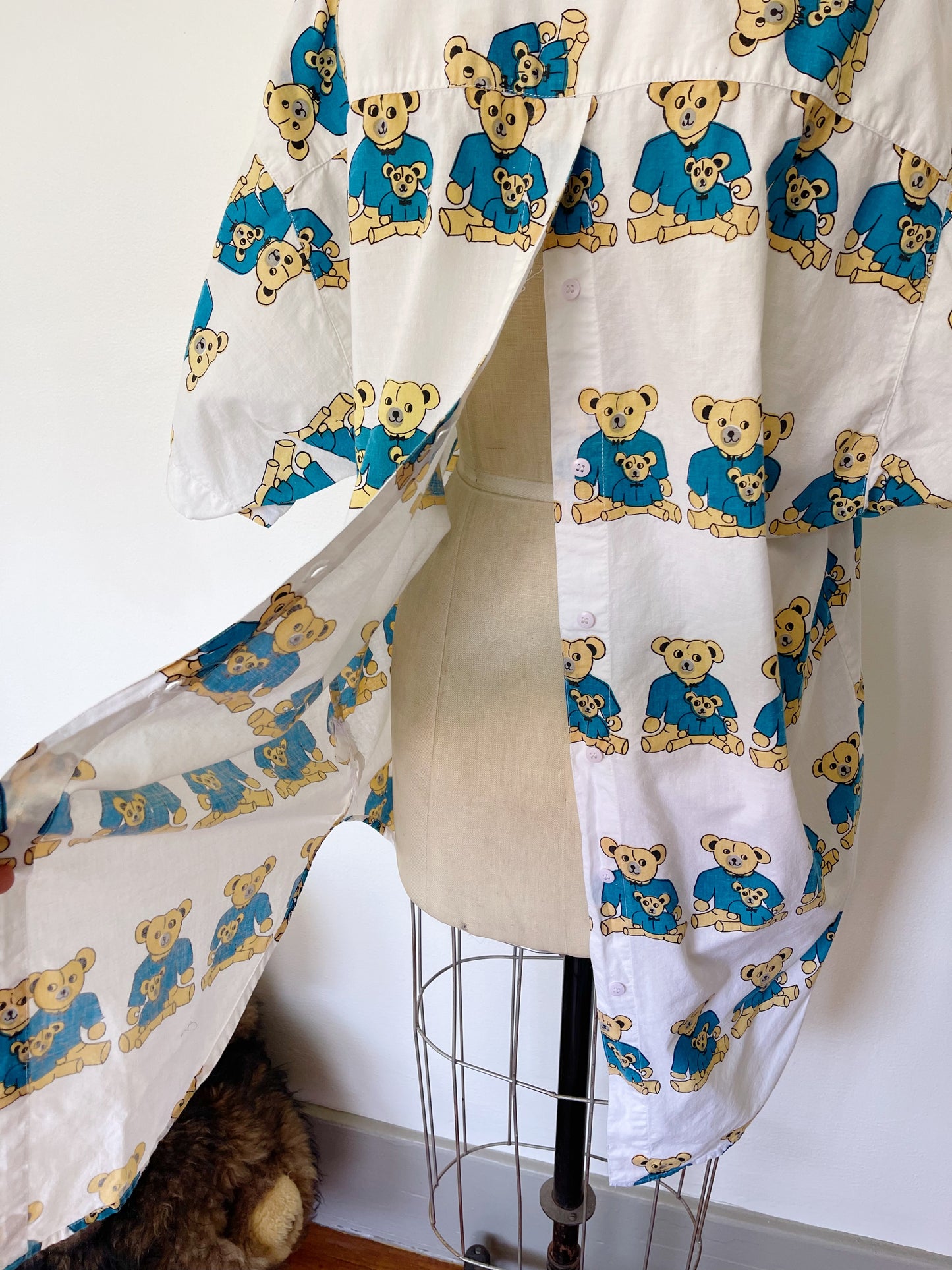 Vintage Bear Printed Unique Long Shirt (Blue)