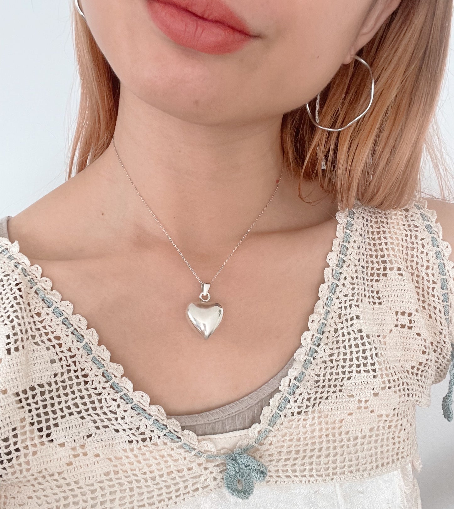 Vintage Puffy Heart Silver Necklace.