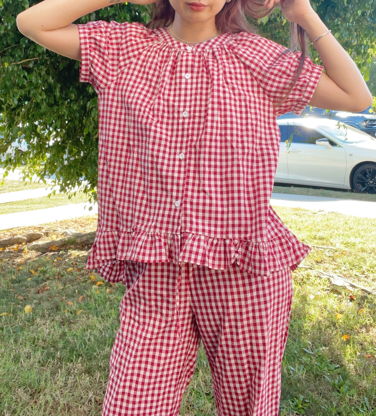 Red Color Gingham Checked Setup