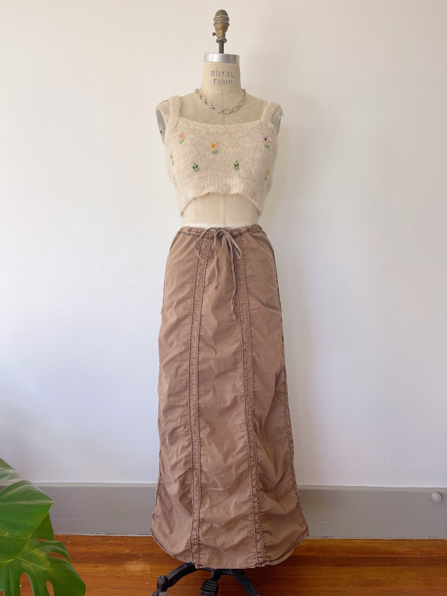 Brown Shirring Long Skirt