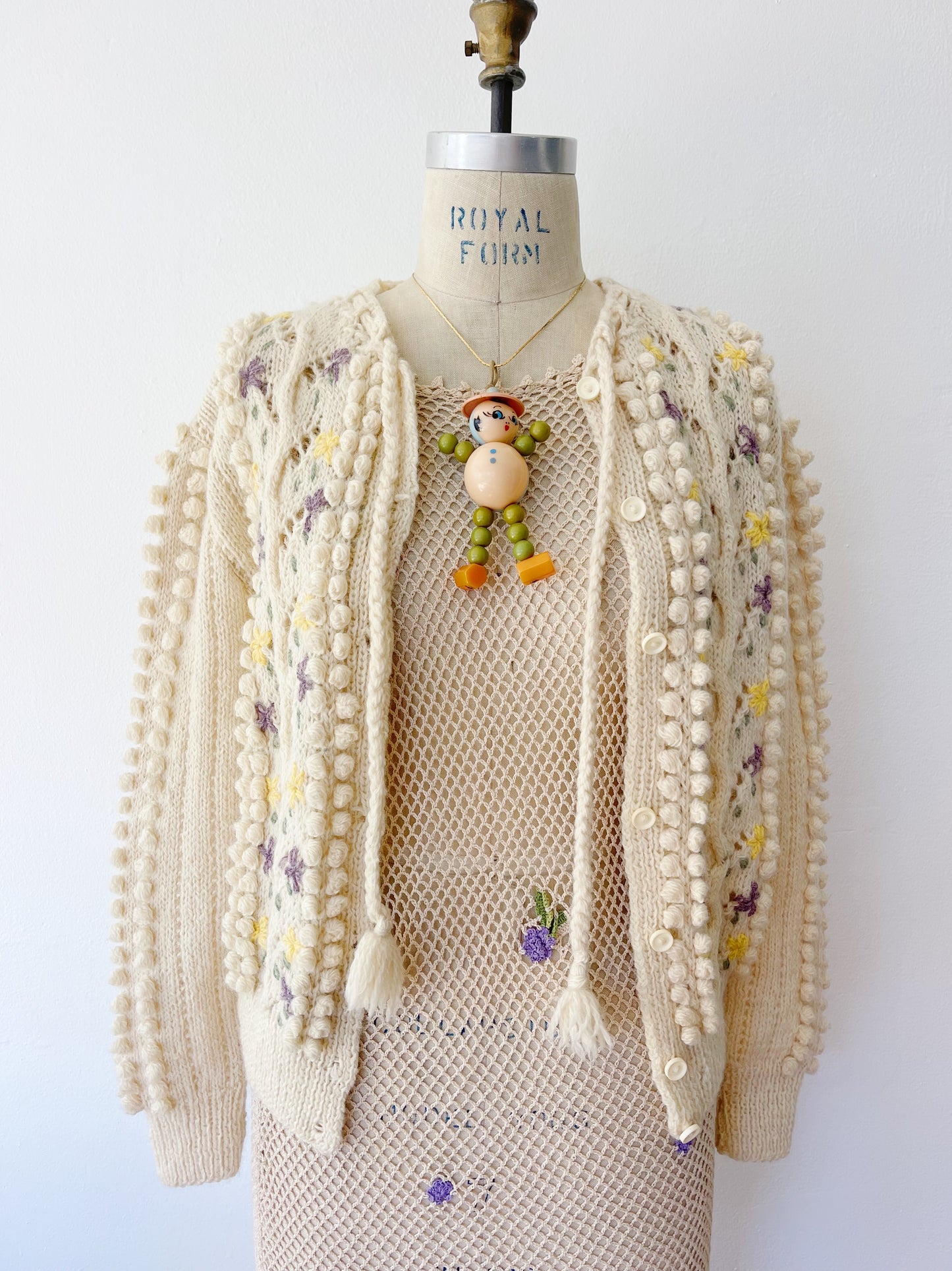 1970s Pom Pom Flower Knit Cardigan