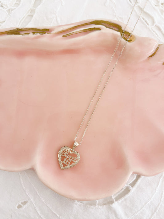 Vintage Sweet 16 Heart Silver Pendant.