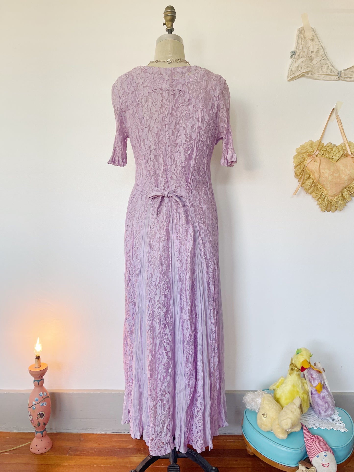 1990s Rayon Purple Color Lace Maxi Dress