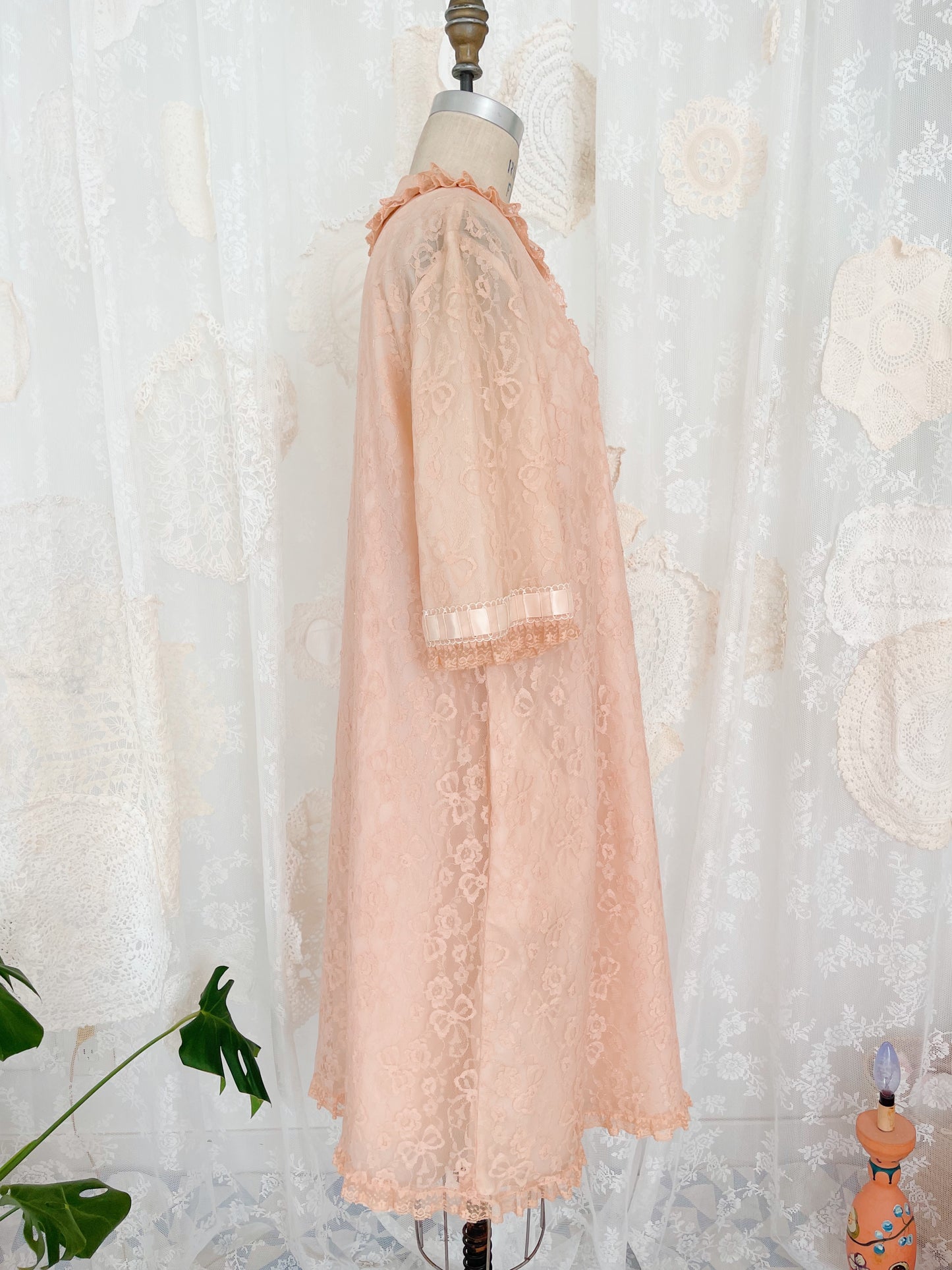 1960s Ribbon Lace Long Night Robe and Slip Dress