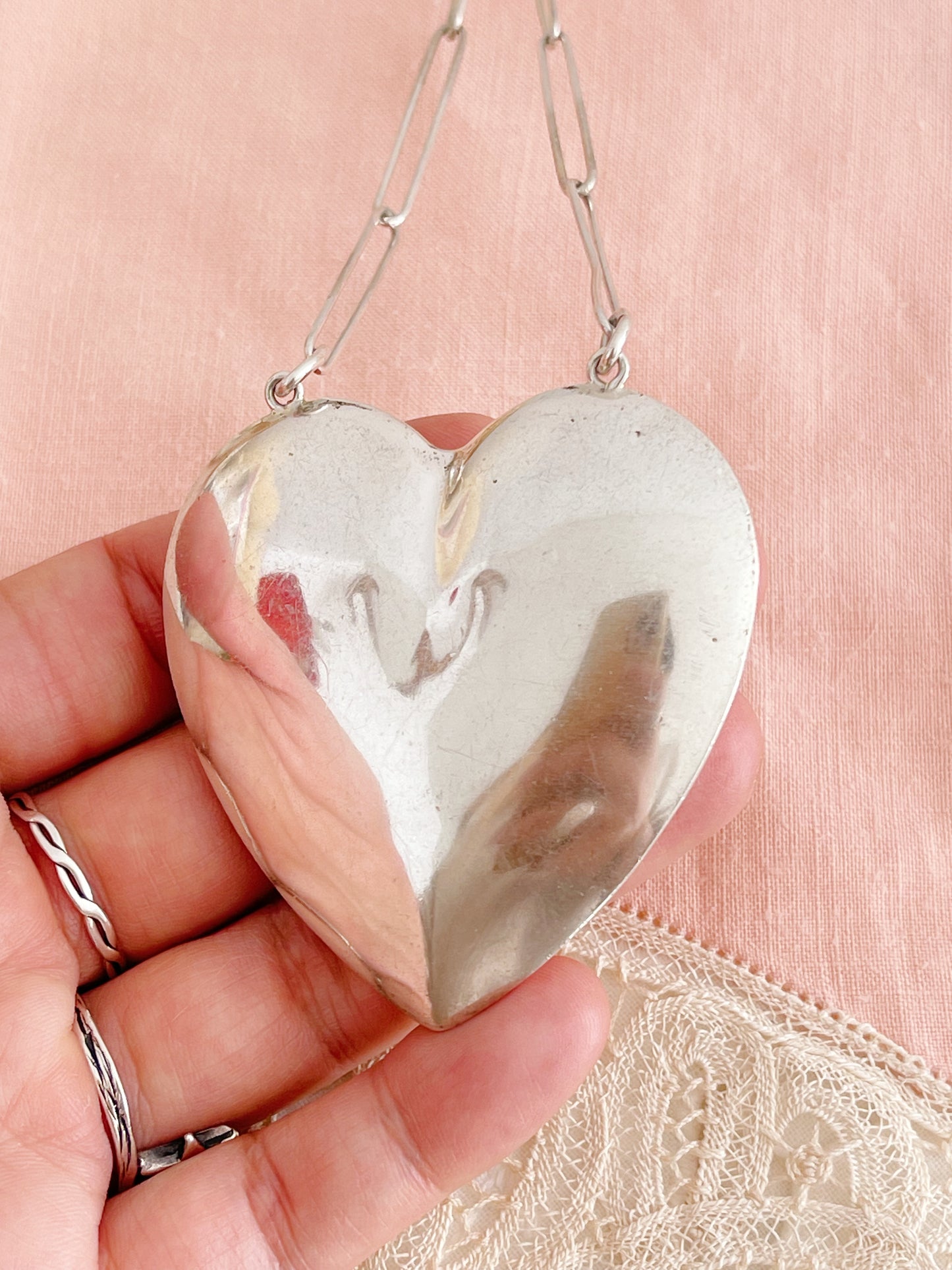 1980‘s Silver Large Puffy Heart Necklace.