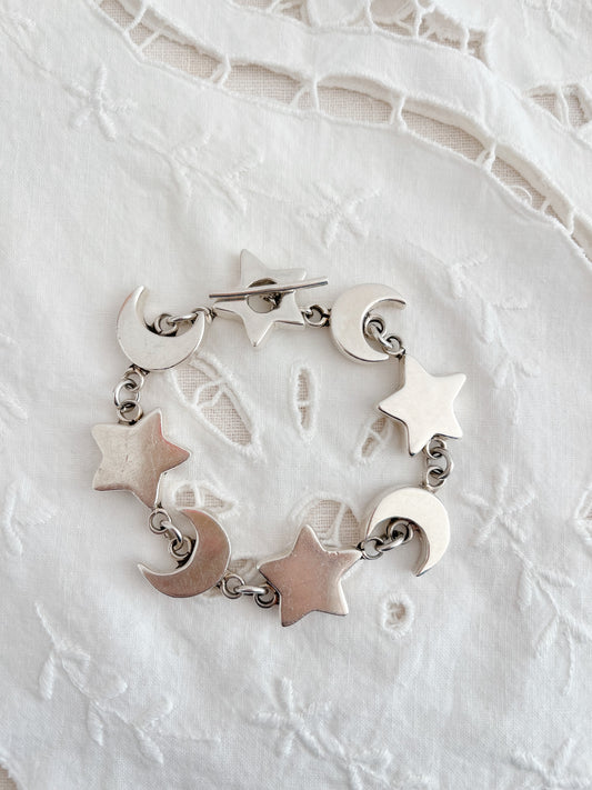 Vintage Heavy Silver Moon and Star Bracelet