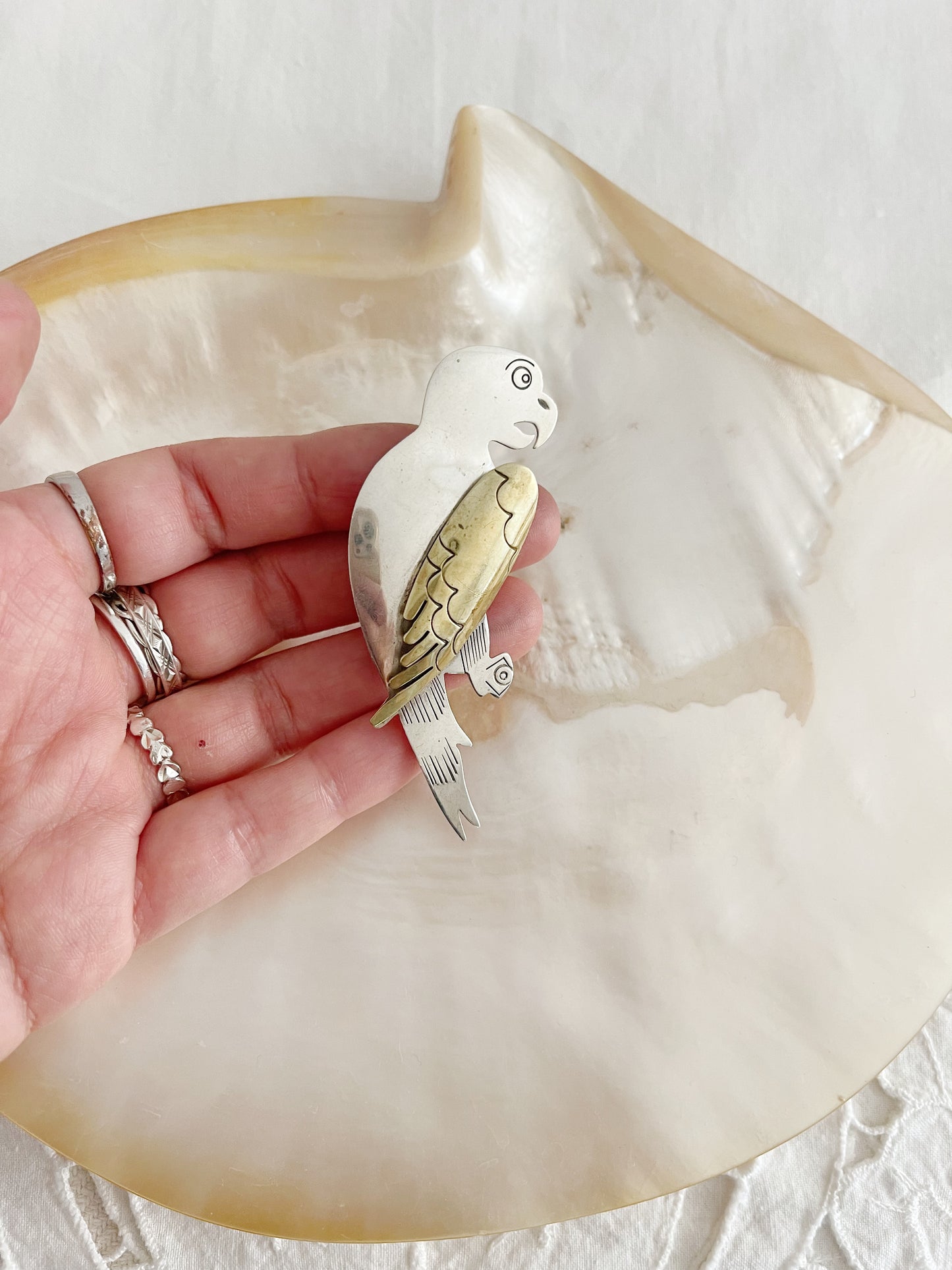 Vintage Bird Brass and Silver Brooch Pin.