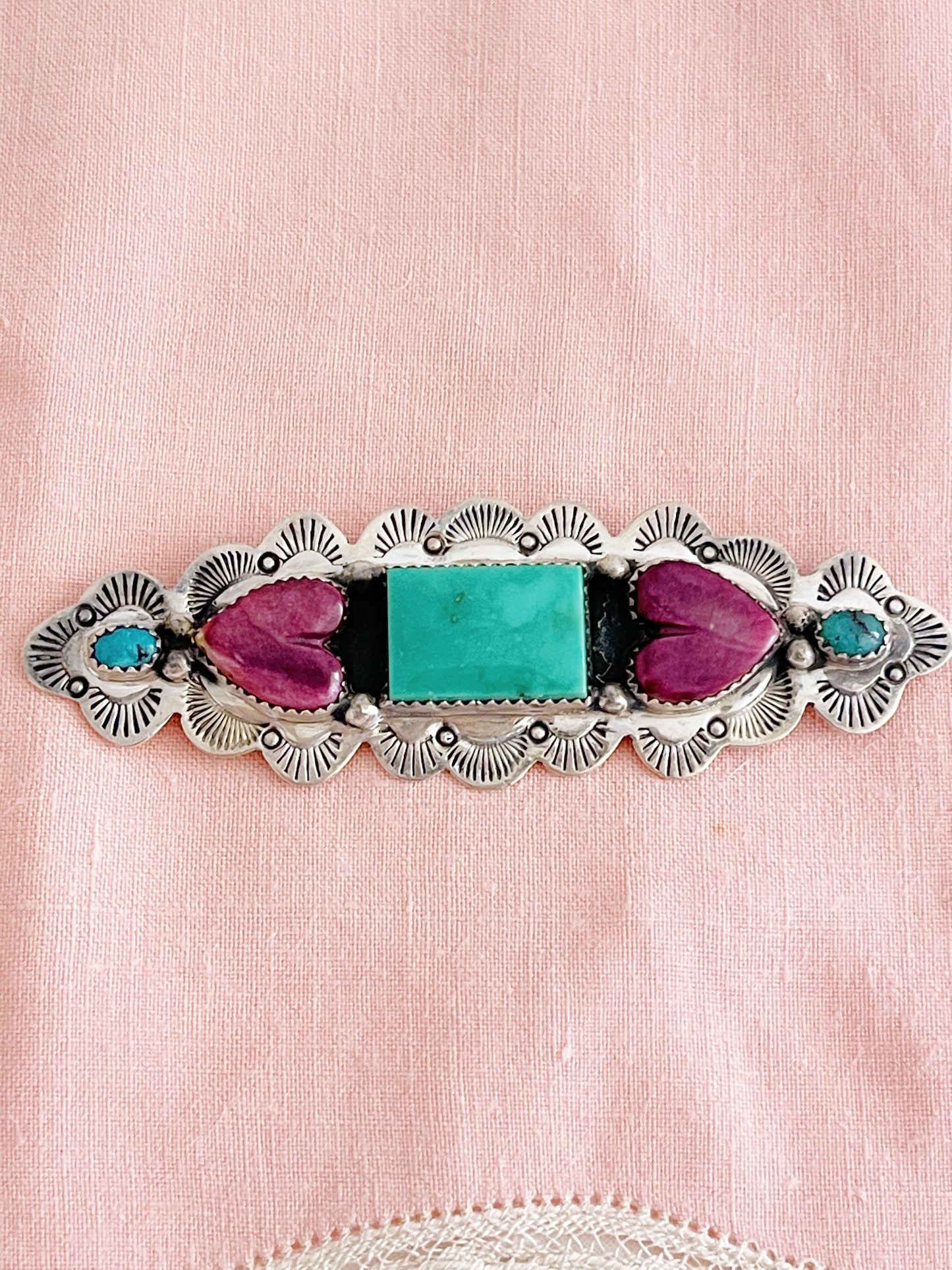 Vintage Navajo Turquoise and Spiny Oyster Pin Brooch.