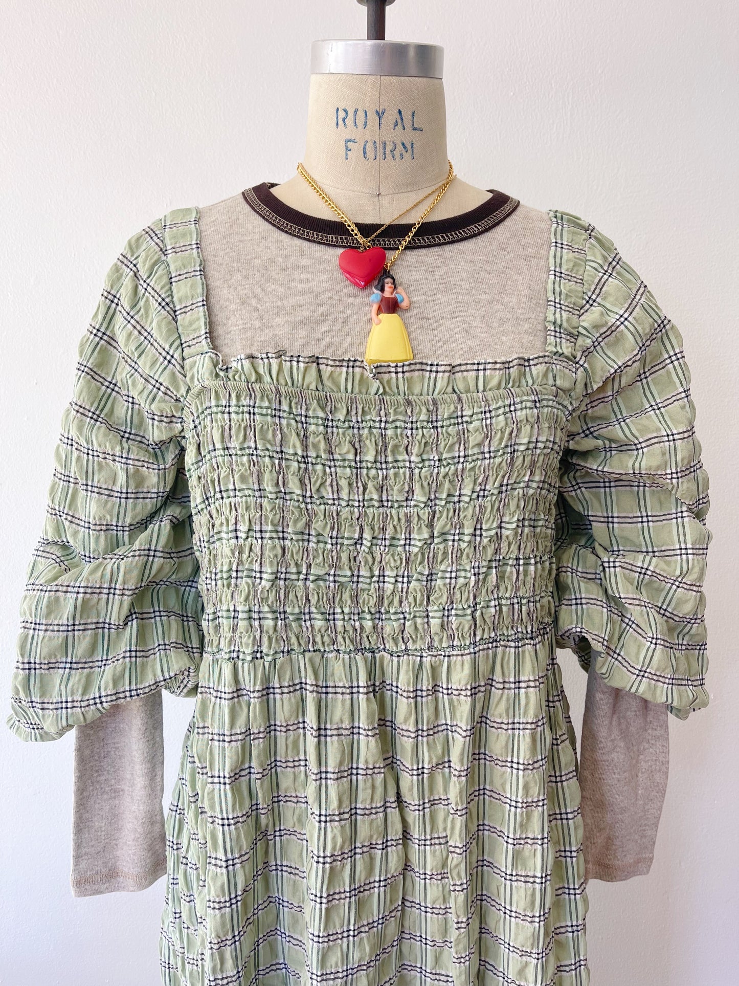 Checked Puff Sleeve Long Dress