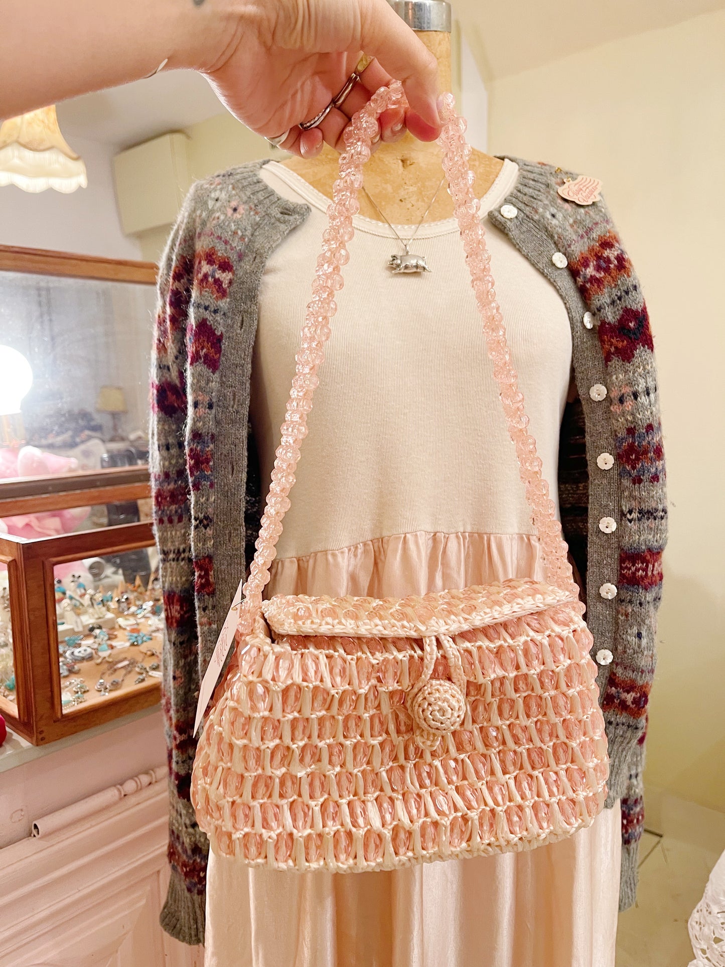 1960s Vintage Pink Beaded Shoulder Bag