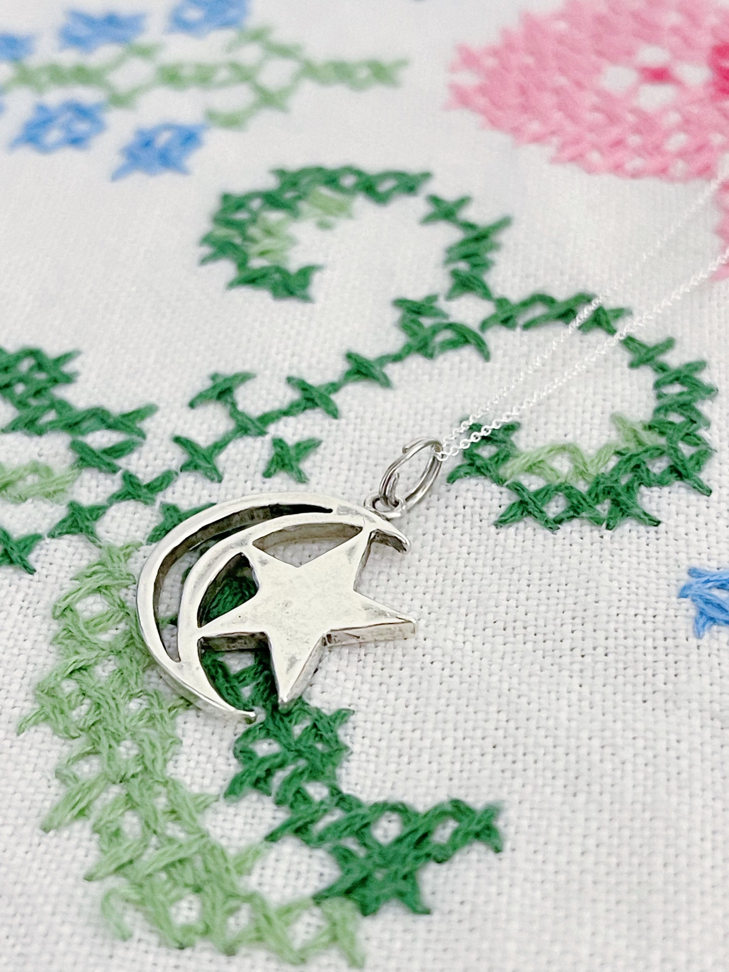 Vintage Moon Star Silver Necklace.