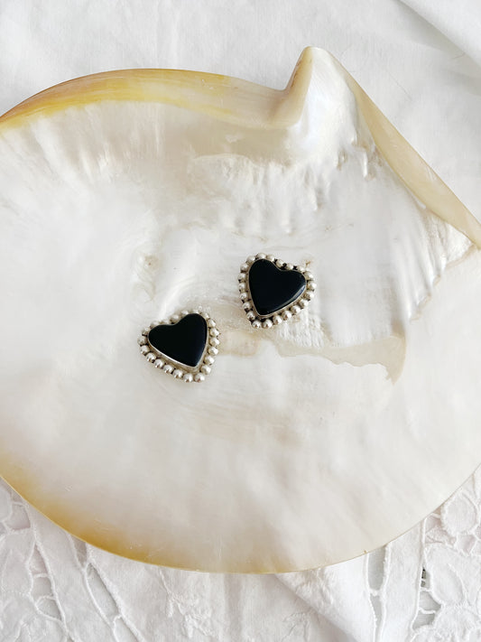 Vintage Onyx Heart Silver Earrings.