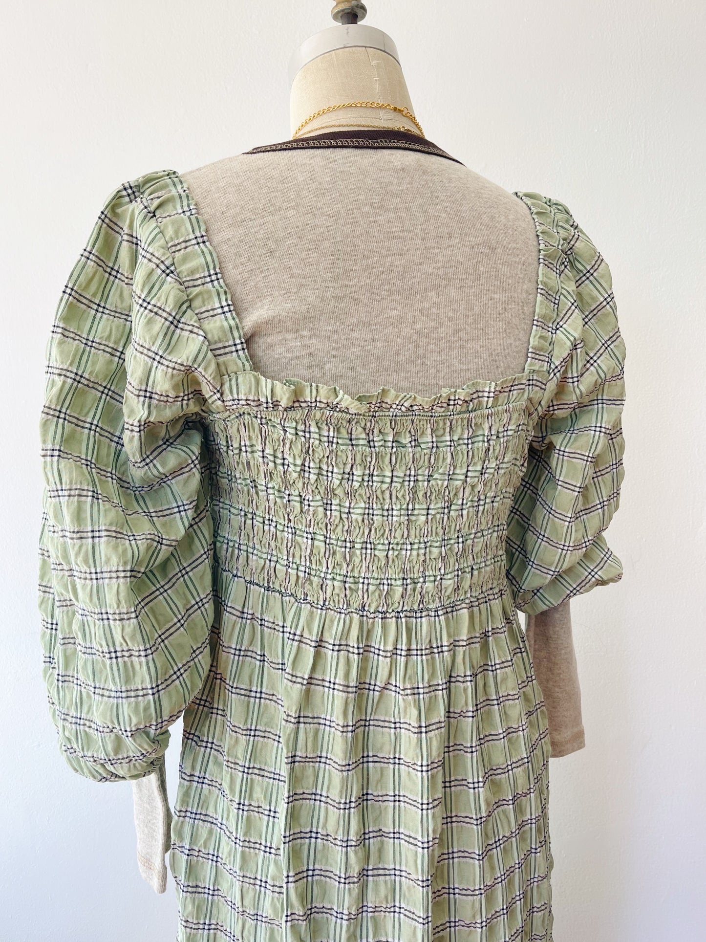 Checked Puff Sleeve Long Dress