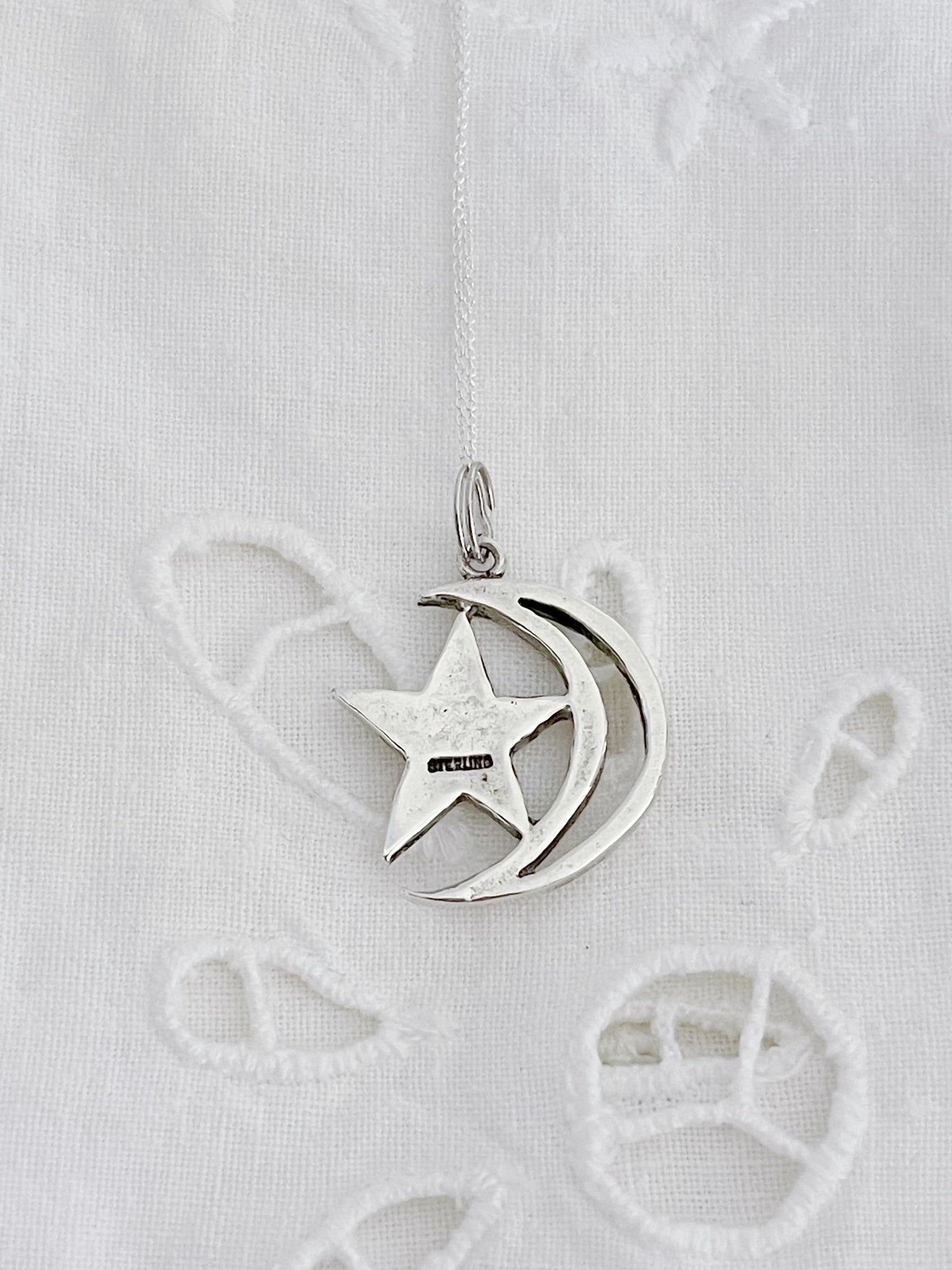 Vintage Moon Star Silver Necklace.