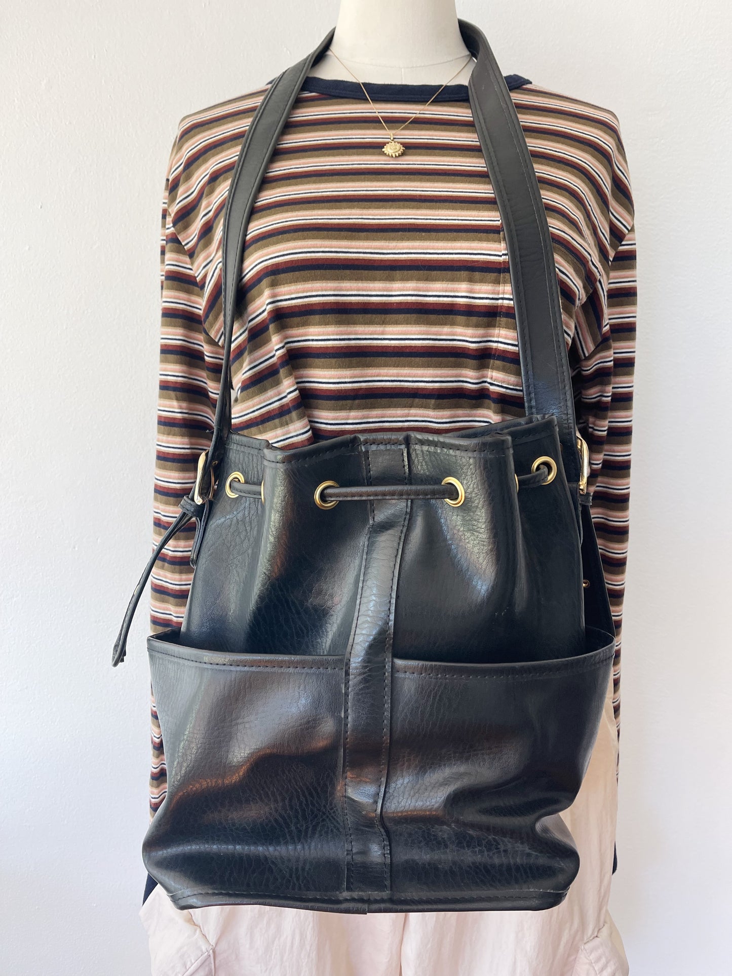 Black Leather Bucket Shoulder Bag