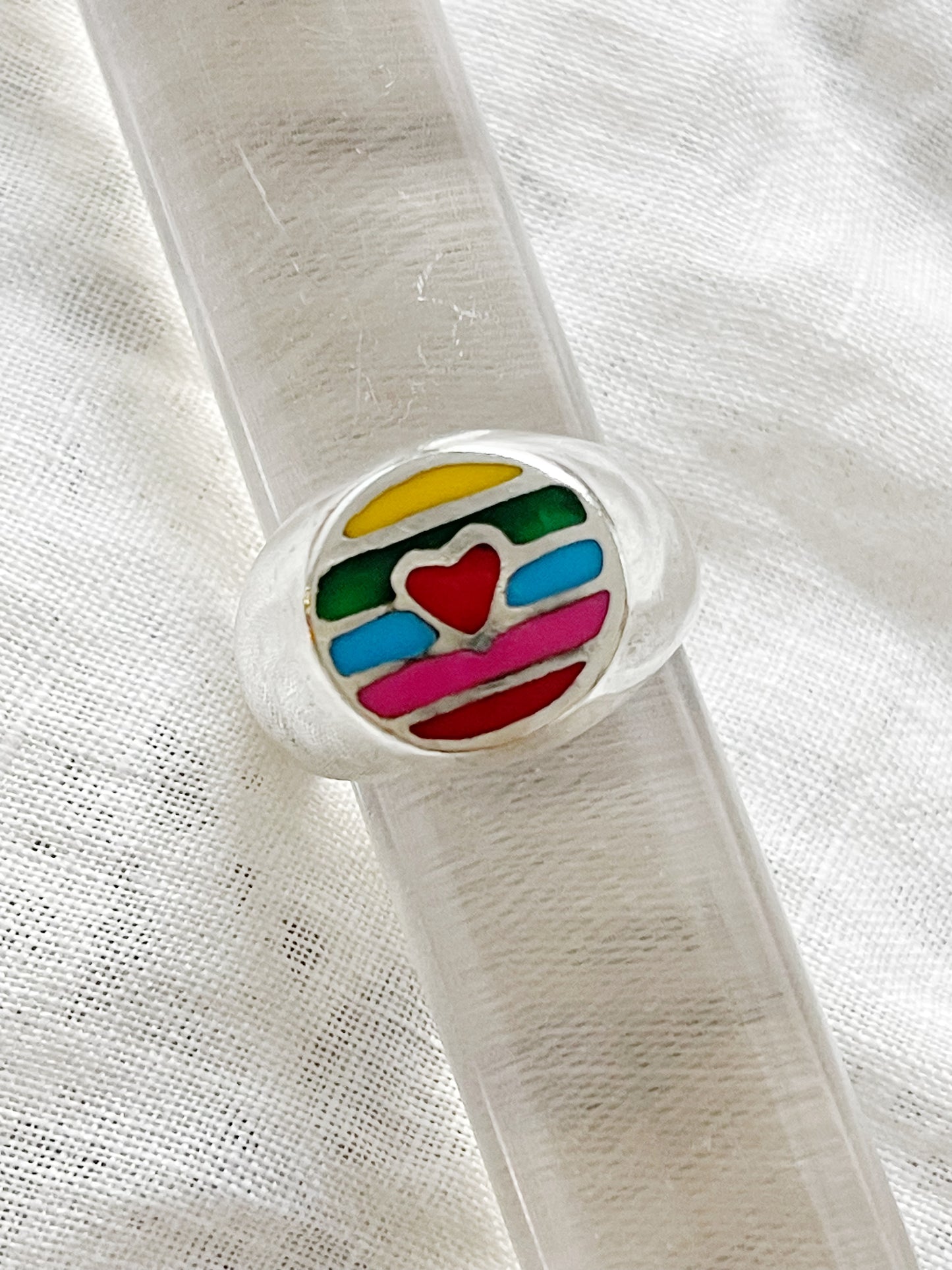 Vintage Enamel Heart Silver Ring