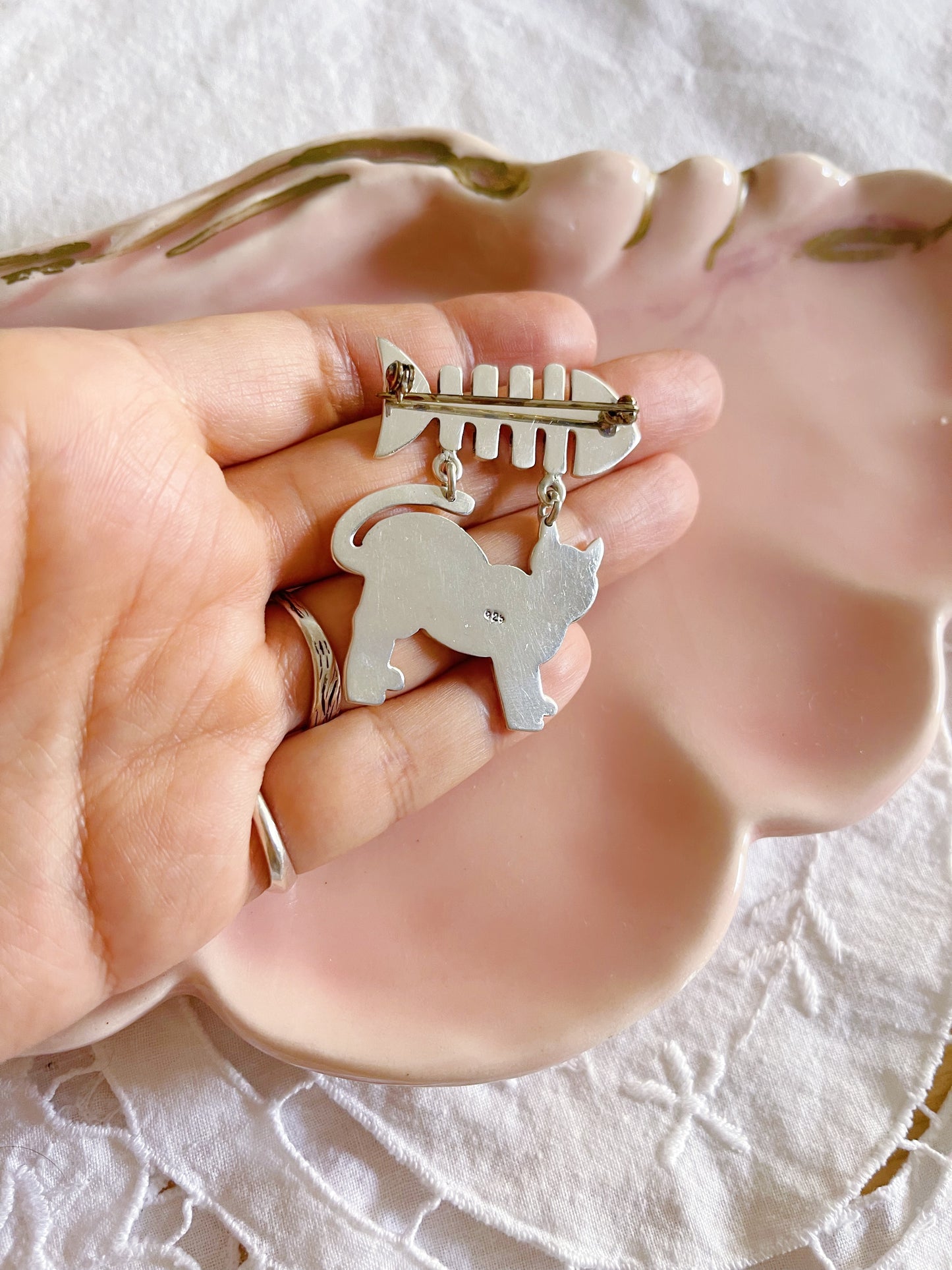 1990’s Cat and Fish Silver Brooch Pin.