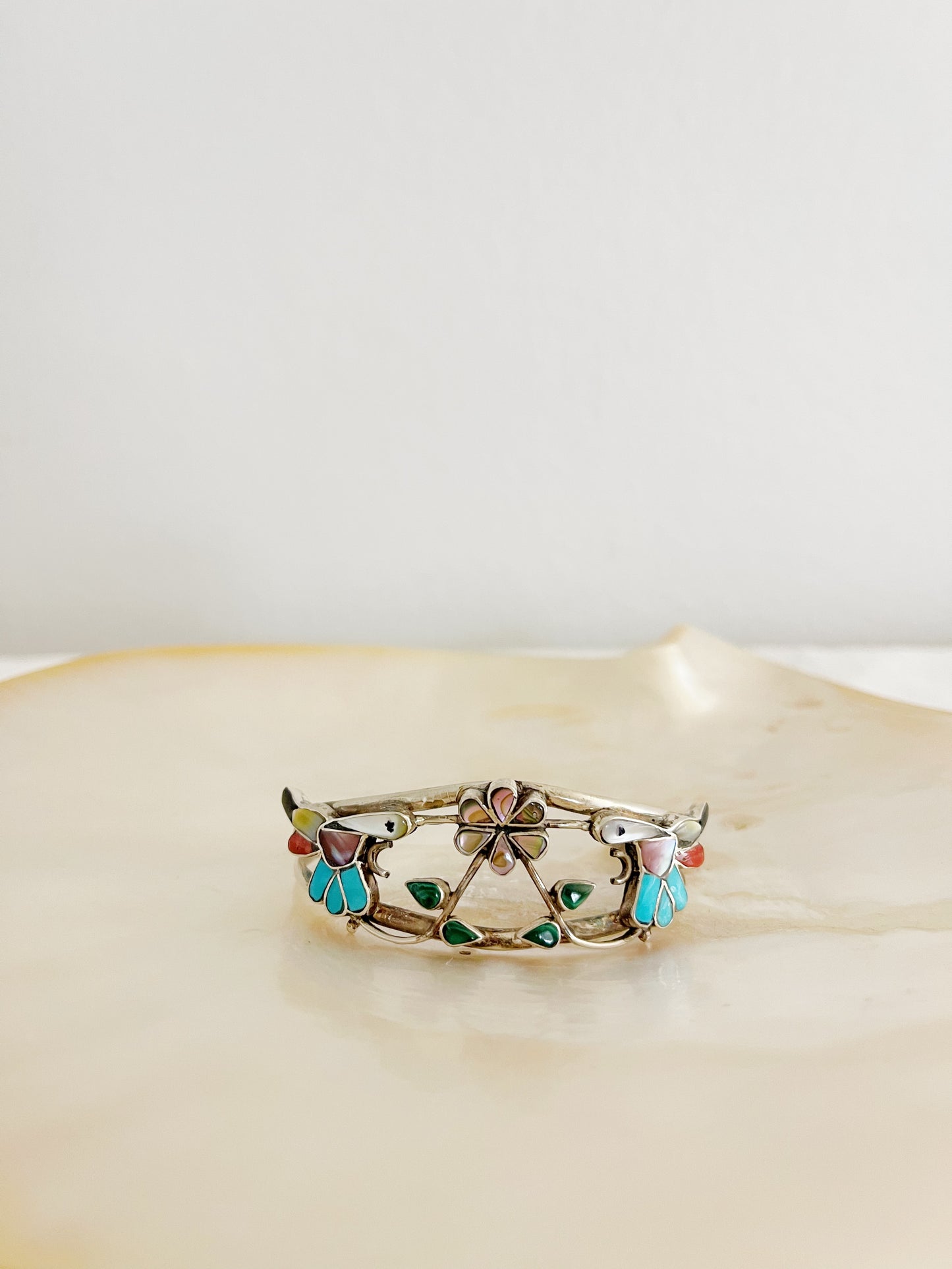 Vintage Zuni Humming Bird with Flower Cuff Bangle.