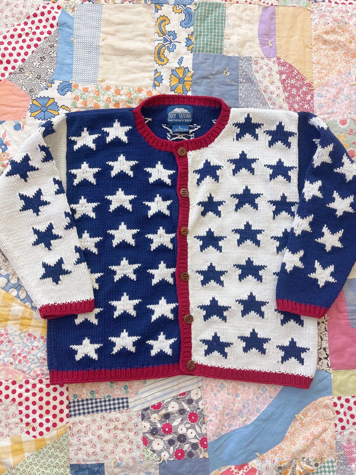 1990s U.S.A.Stars Cotton Hand Knitted Cardigan