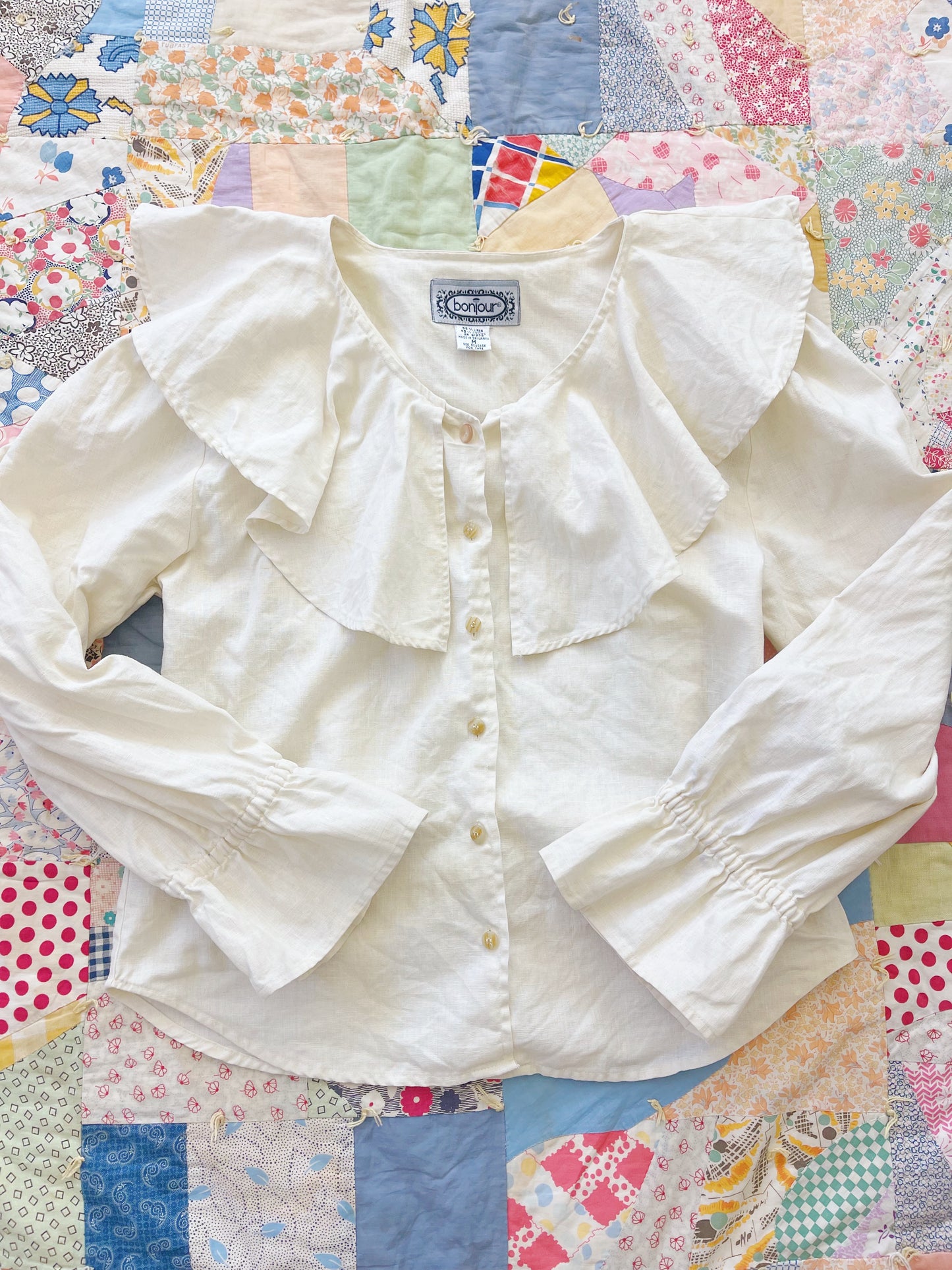 Vintage Cotton Linen Big Collar Frill Blouse