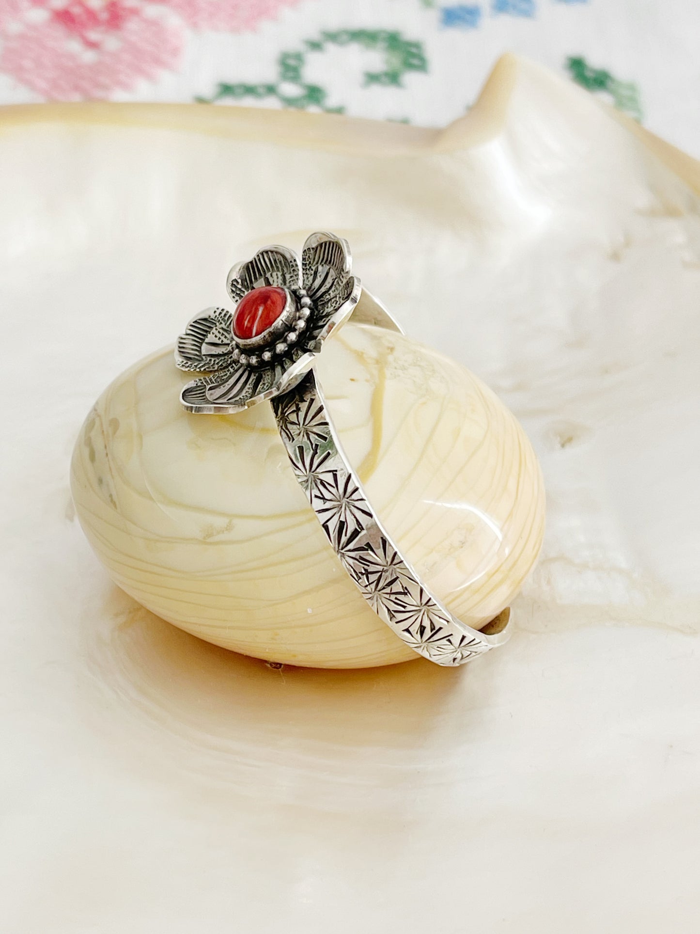 Navajo Karlene Goodluck Silver Flowered Bangle.