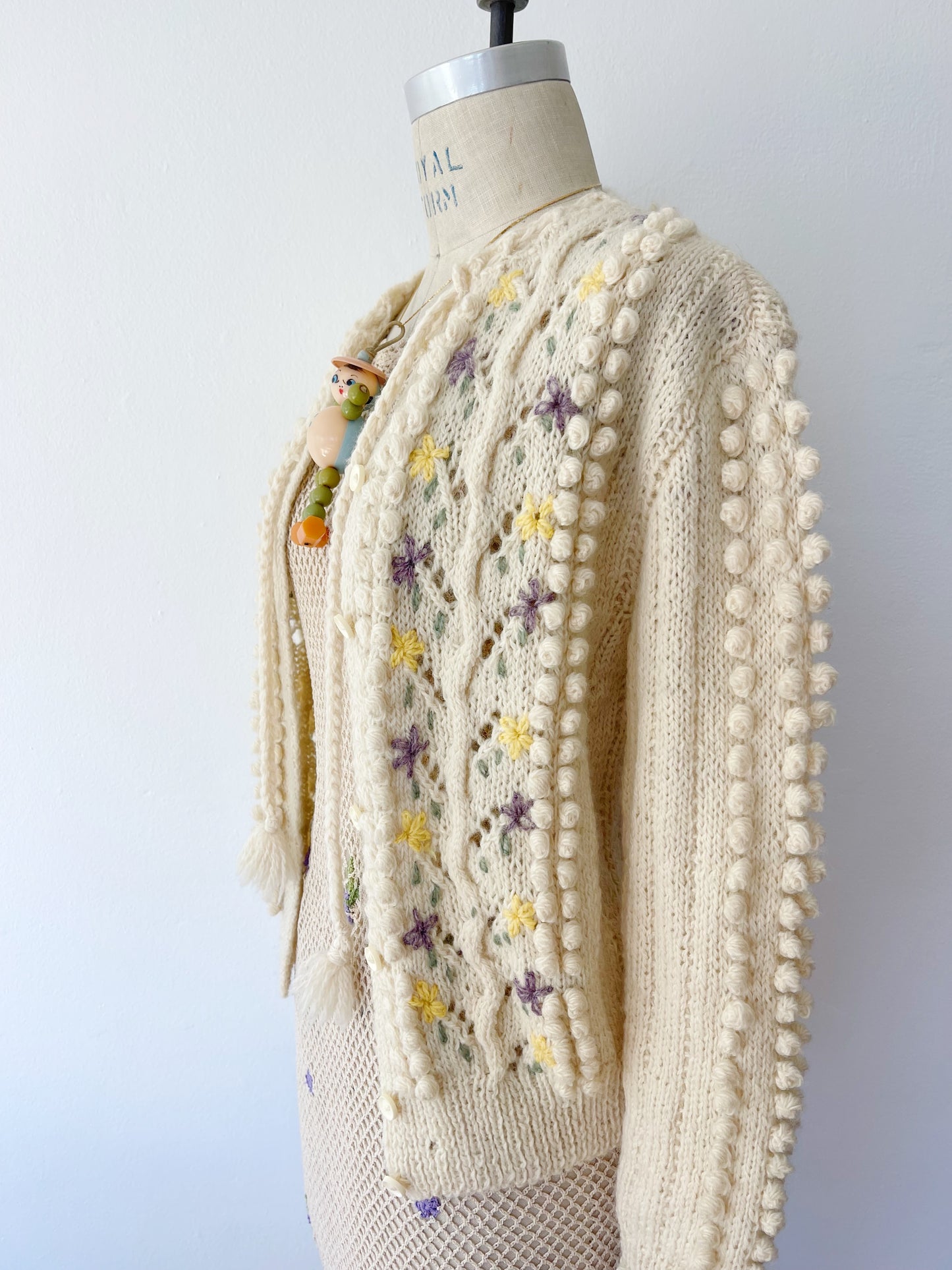 1970s Pom Pom Flower Knit Cardigan