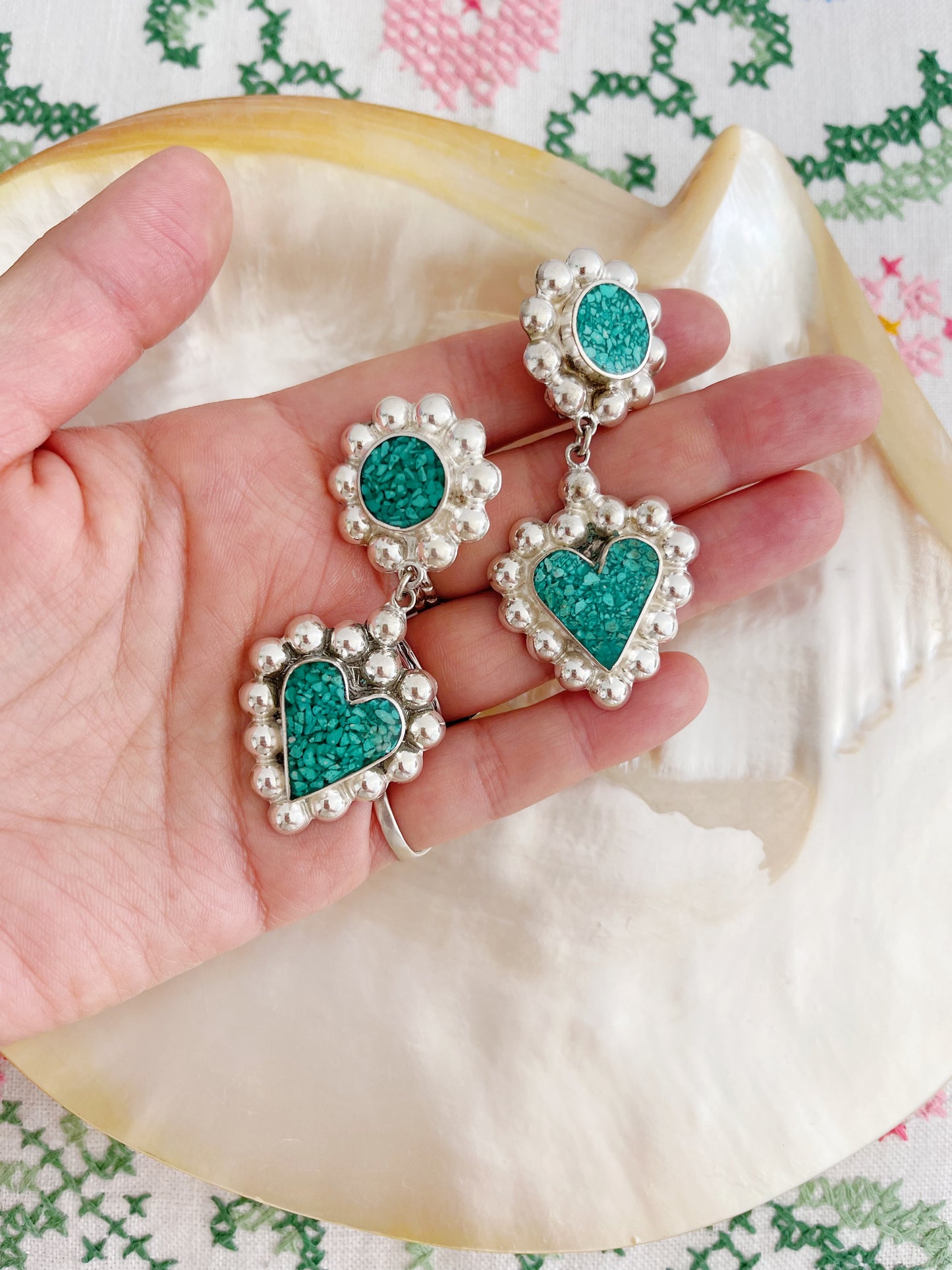 Vintage Crushed Turquoise Heart Earrings.