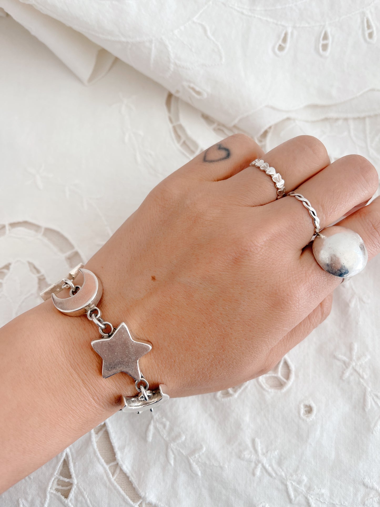 Vintage Heavy Silver Moon and Star Bracelet
