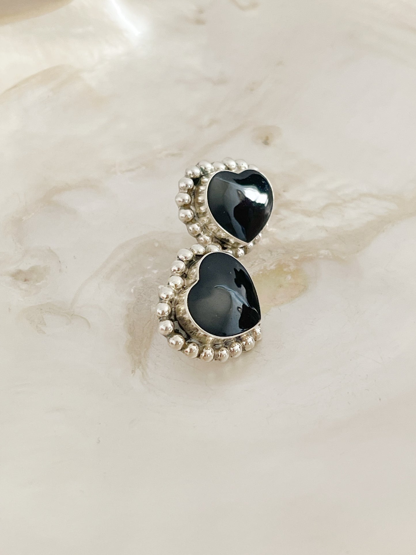 Vintage Tiny Onyx Heart Silver Pierce.