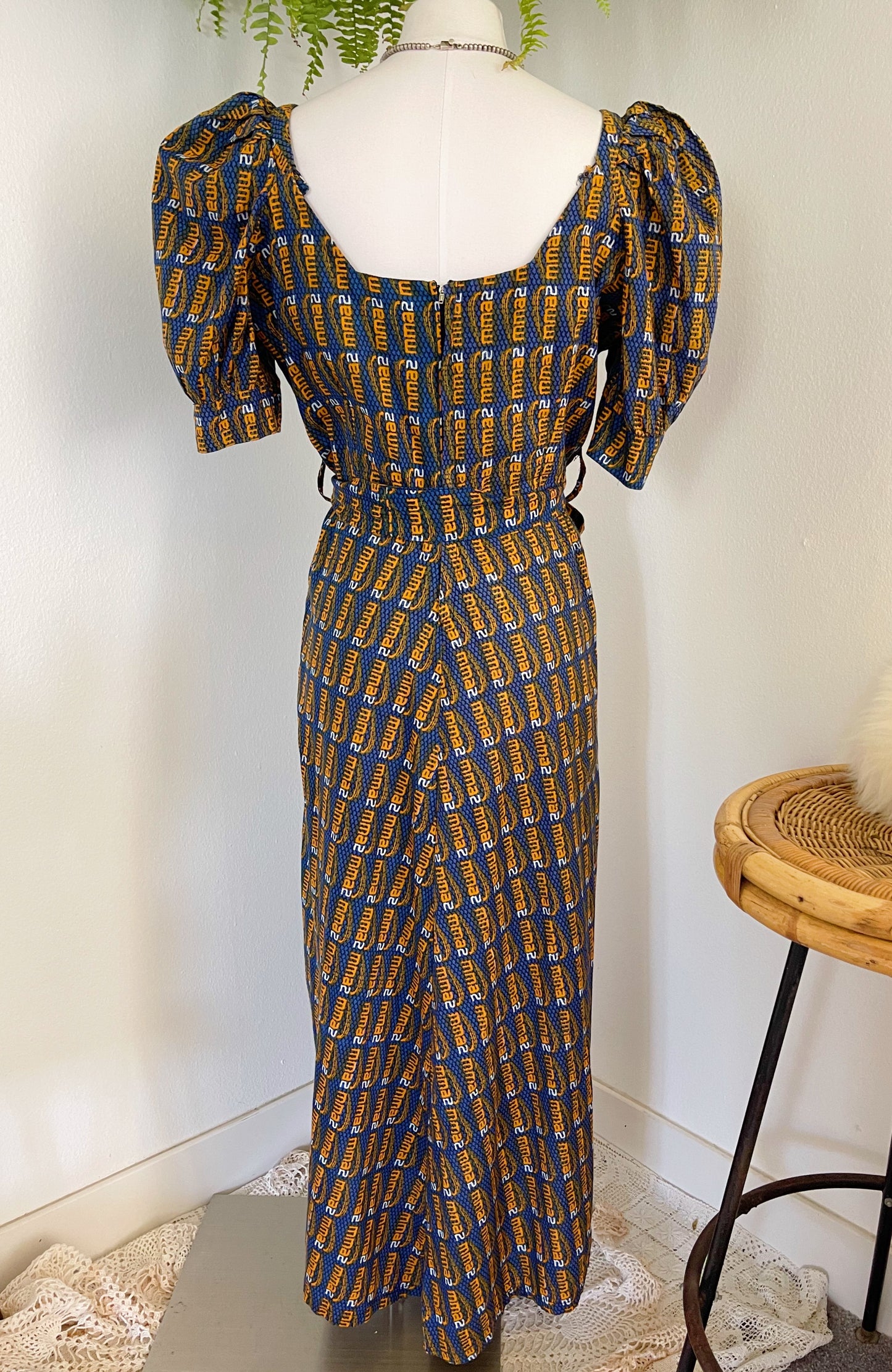 1970’s Puff Sleeve Long Batik Dress.