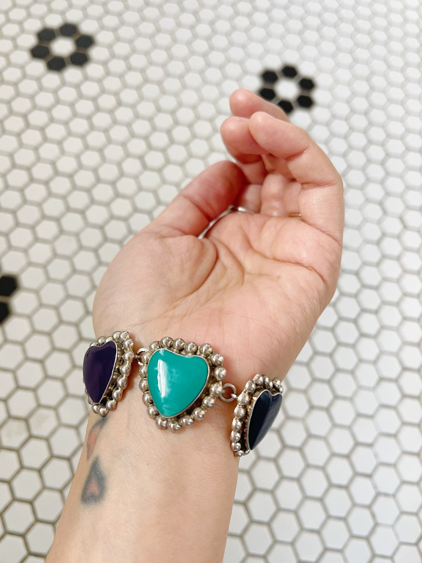 Vintage Mulch Stone Heart Silver Bracelet