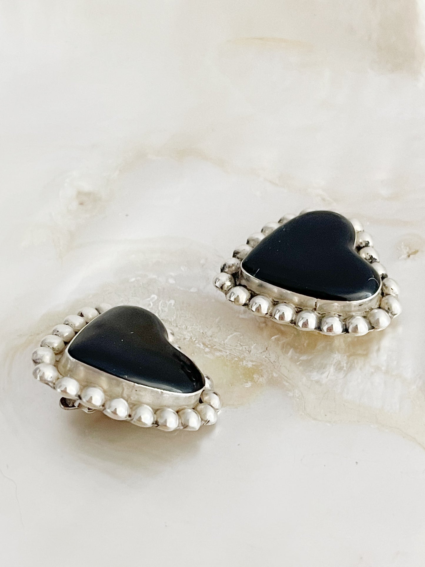 Vintage Onyx Heart Silver Earrings.