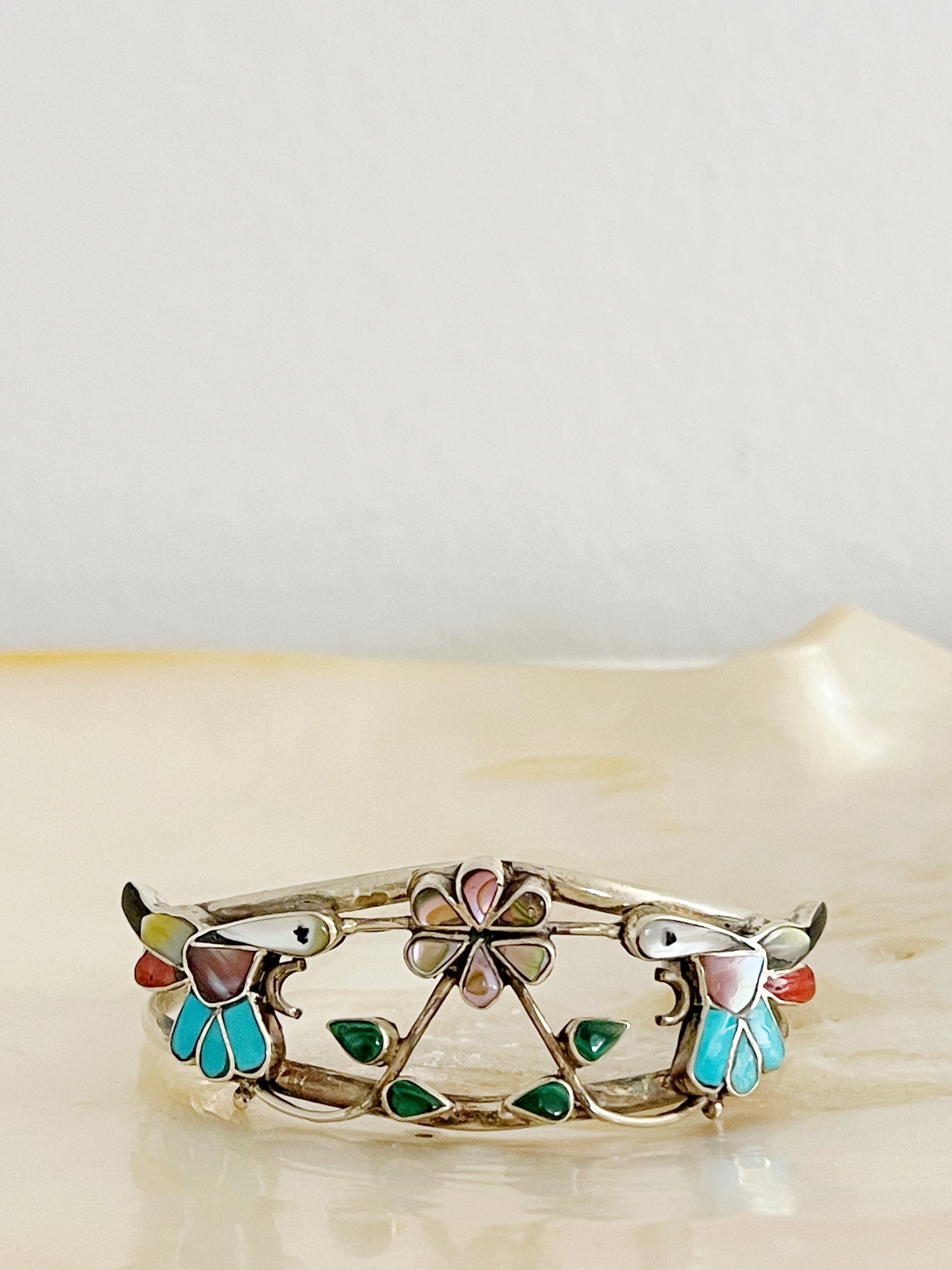 Vintage Zuni Humming Bird with Flower Cuff Bangle.