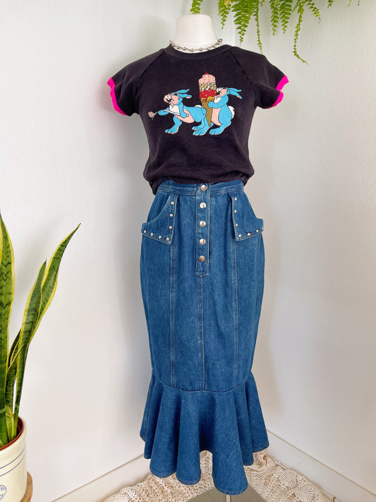 1980‘s Mermaid Silhouette Denim Skirt.