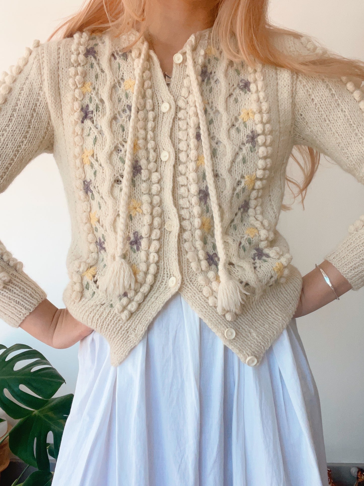 1970s Pom Pom Flower Knit Cardigan