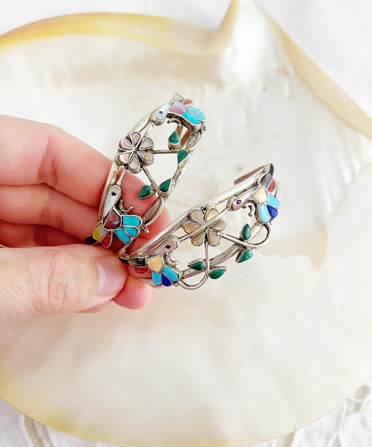 Vintage Zuni Humming Bird with Flower Cuff Bangle.