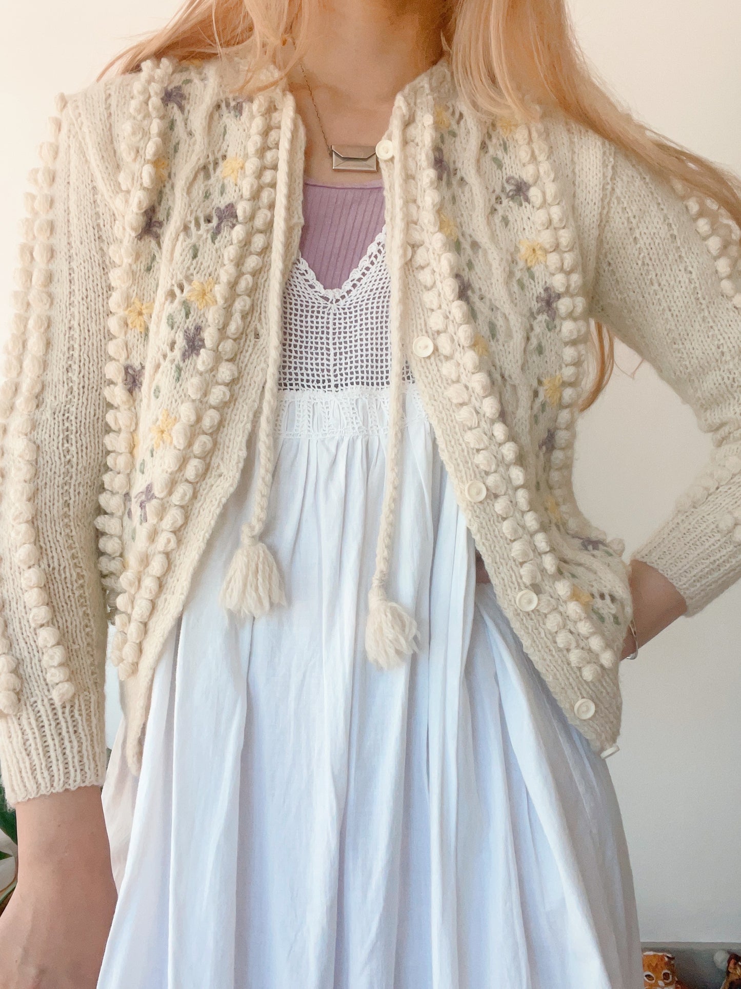 1970s Pom Pom Flower Knit Cardigan
