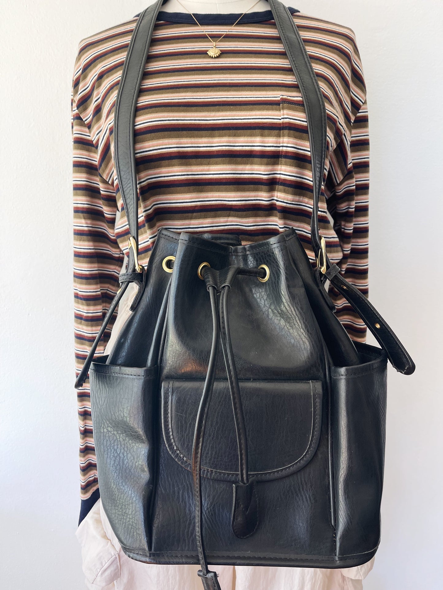 Black Leather Bucket Shoulder Bag