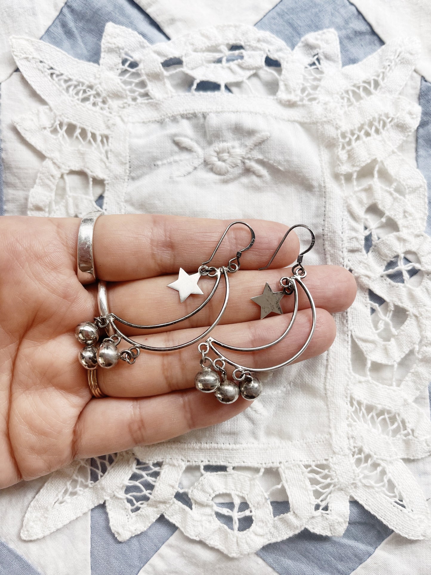 Vintage Crescent Moon with Stars Silver 925 Pierce