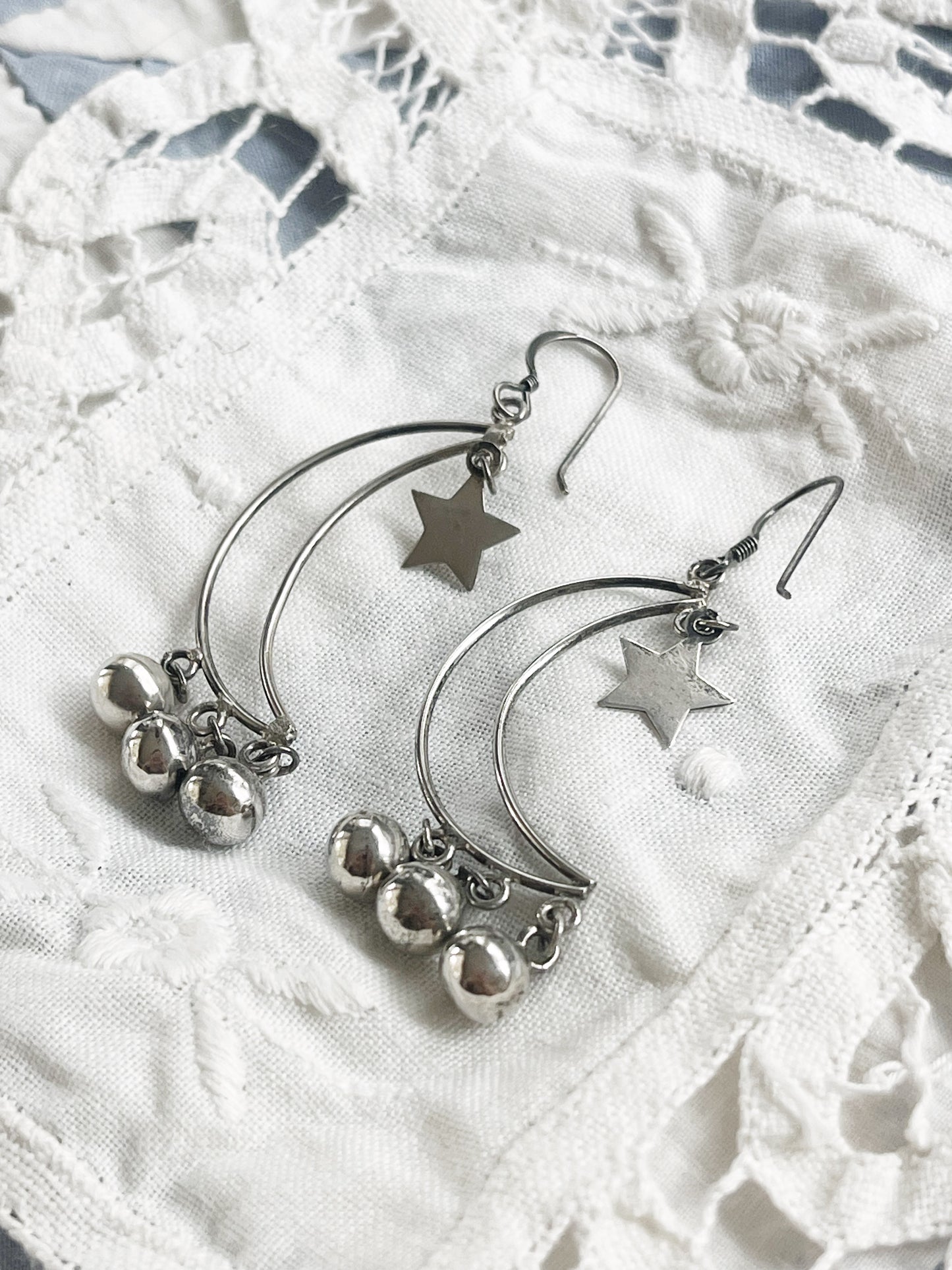 Vintage Crescent Moon with Stars Silver 925 Pierce