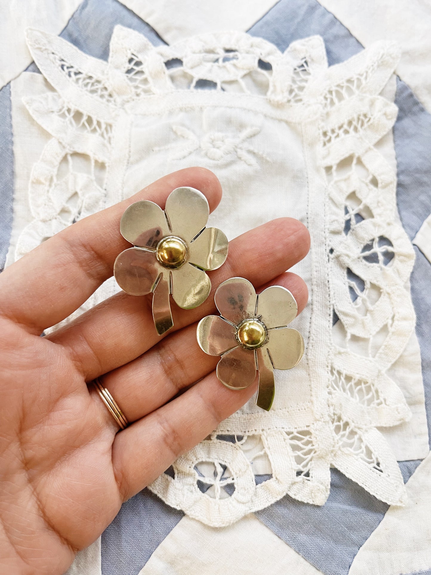 Vintage Mexican Silver Flower Clip On Earrings