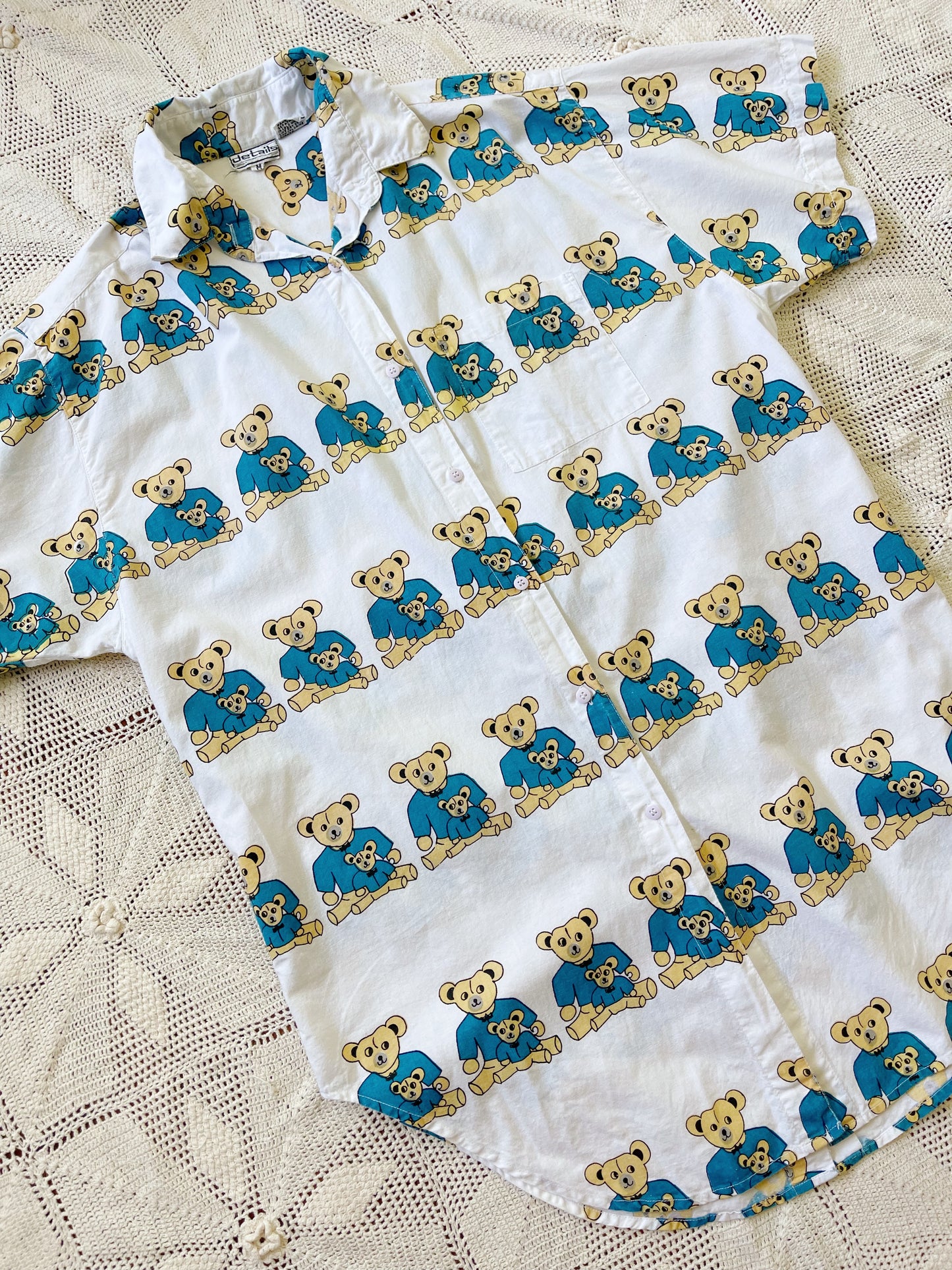 Vintage Bear Printed Unique Long Shirt (Blue)